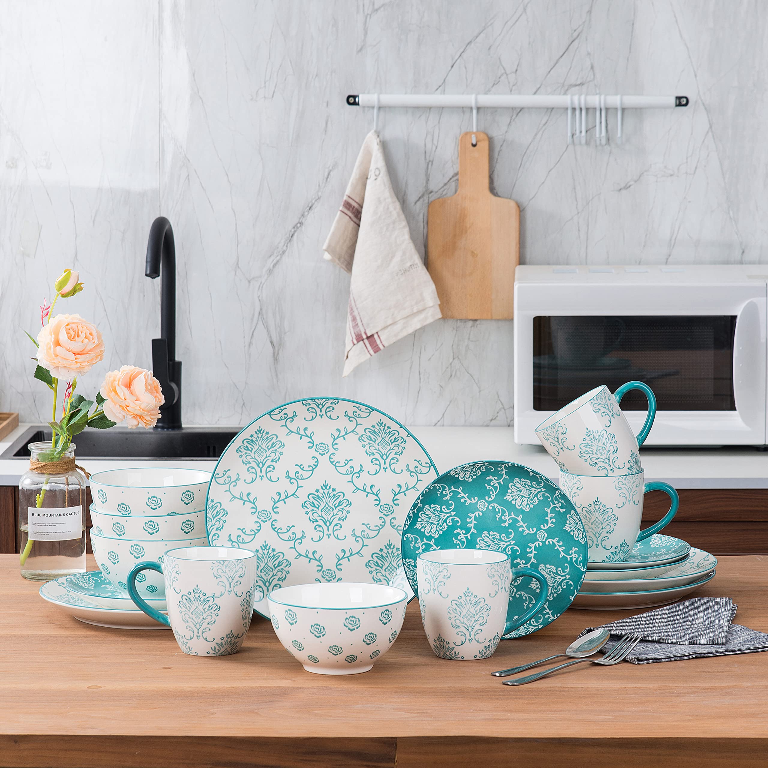 16-Piece Ceramic Dinnerware Set for 4 - Turquoise Stoneware Plates & Bowls - Stackable, Nonstick, Durable Kitchen Dish Set for Everyday Use & Entertaining