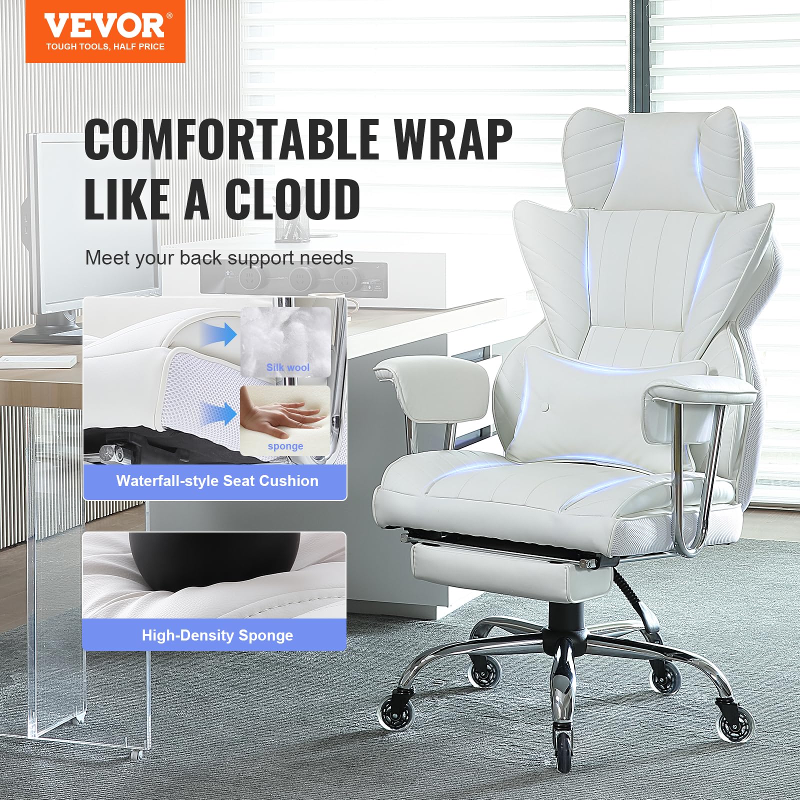 VEVOR Ergonomic Reclining Office Chair with Footrest - Heavy Duty PU Leather Executive Chair for Big & Tall - Adjustable Lumbar Support & Quiet Rolling Wheels - Perfect for Home Office, Gaming & Workspaces (White)