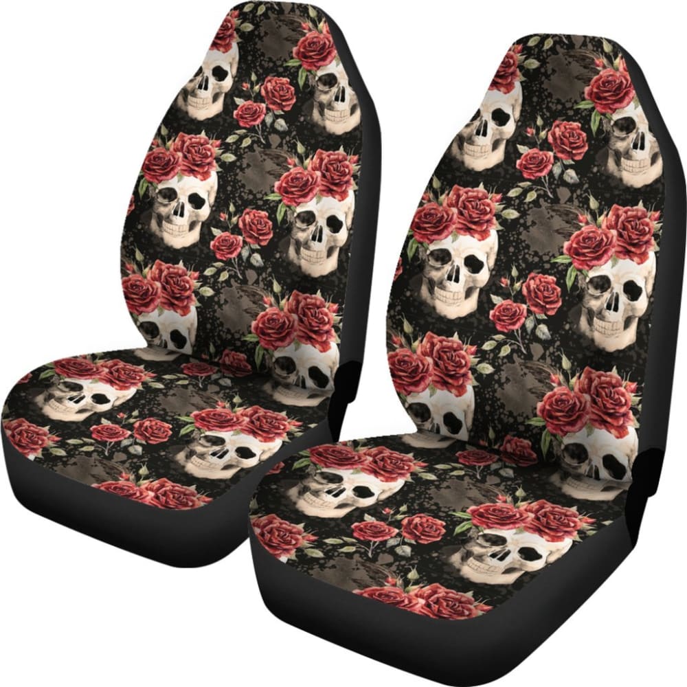 2 Pcs Floral Sugar Skull Car Seat Covers - Day of The Dead Mexican Style Decor for Cars, Trucks & SUVs - Perfect for Halloween, Dia de Muertos & Themed Parties