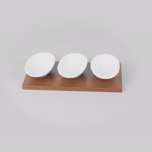 Premium 9 oz White Porcelain Rectangular Ellipse Bowls Set of 3 with Bamboo Tray - 10.25