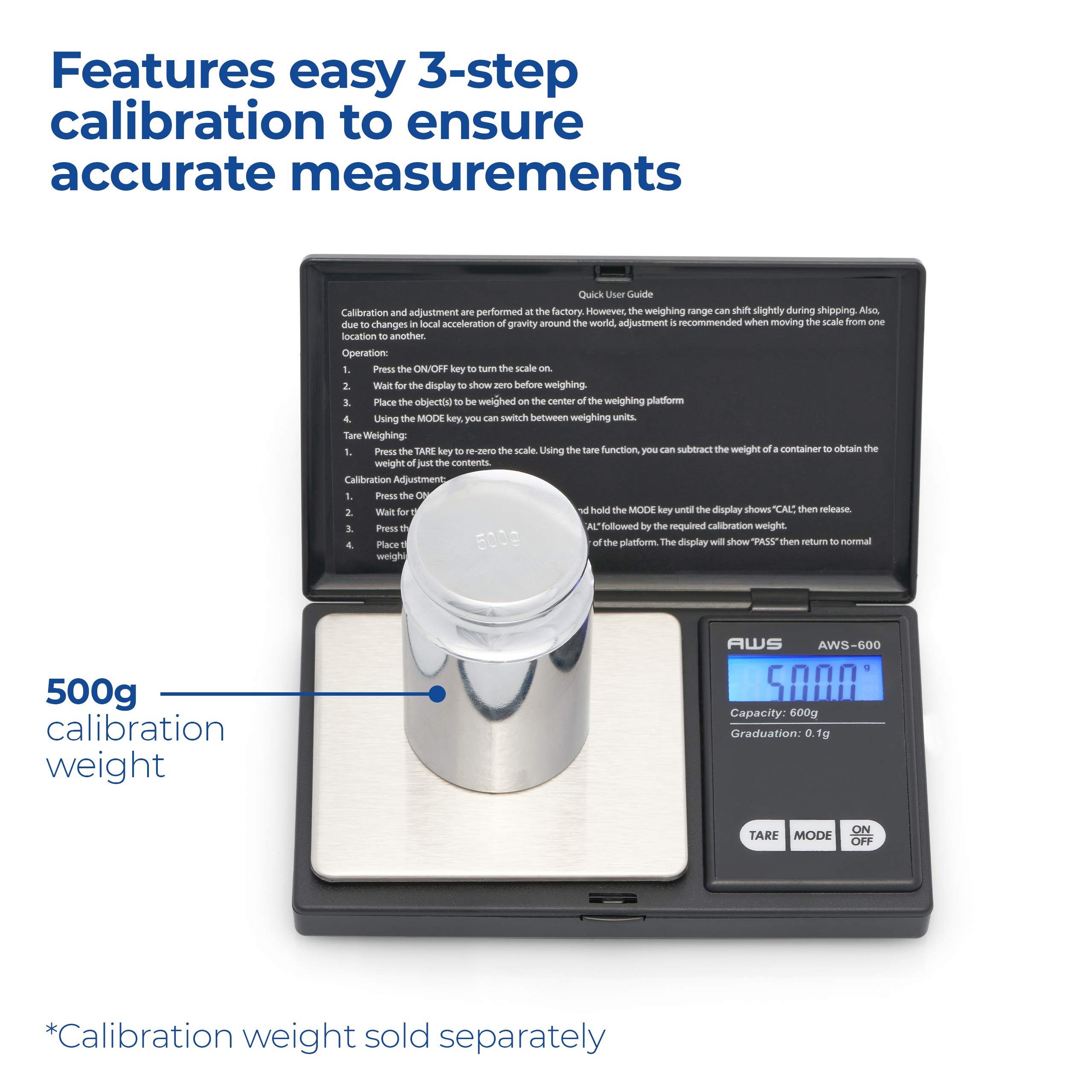 AWS-600 Digital Pocket Scale - 600g x 0.1g Precision, Backlit LCD, Portable Gram Scale for Jewelry, Food, Medicine & Kitchen | Perfect for Travel, Cooking, Baking & Lab Measurements (Black)