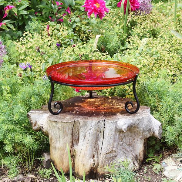 Red Crackle Glass Birdbath Bowl - Durable Outdoor Garden Decor for Birds - Perfect for Backyard, Patio & Wildlife Habitat