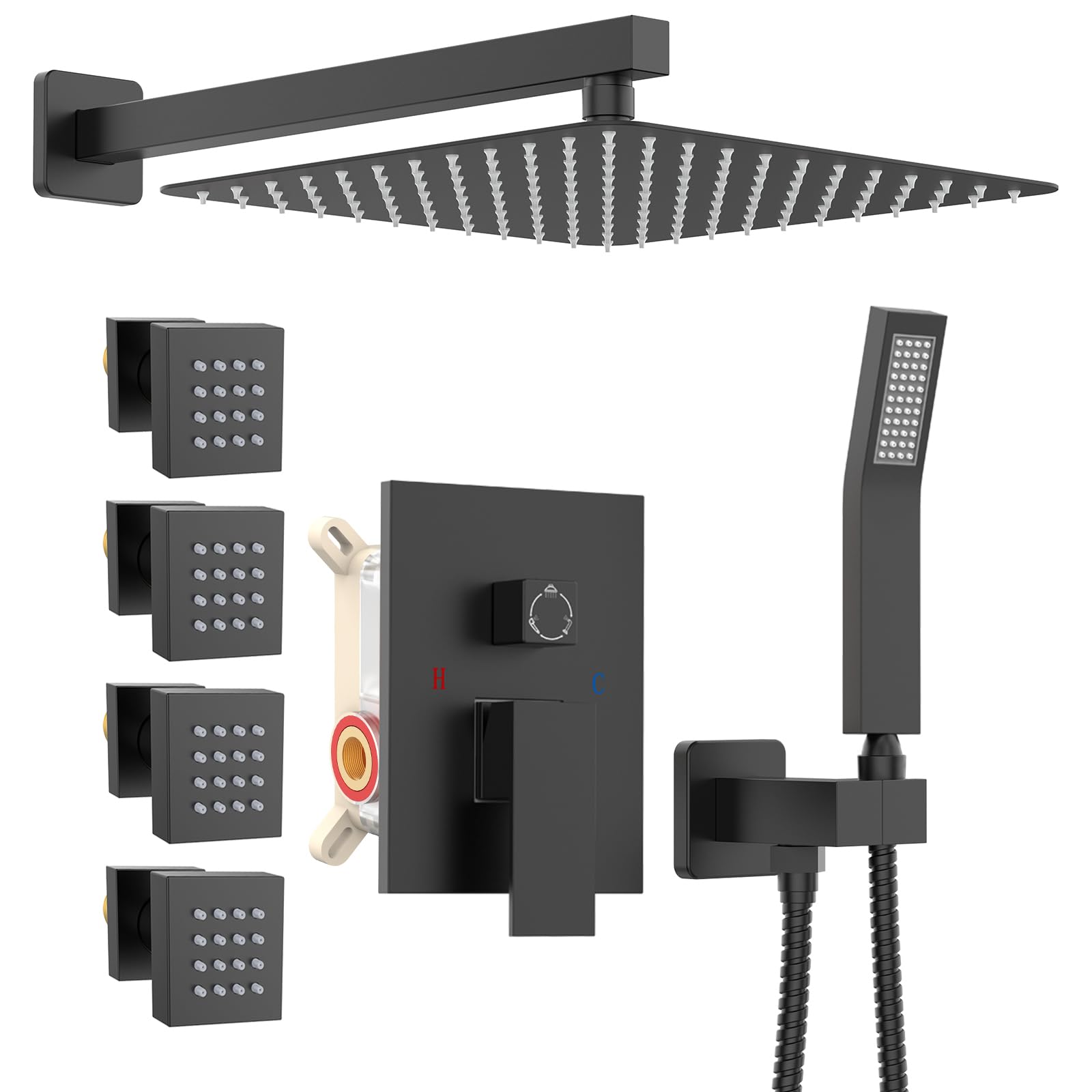 12 Inch Matte Black Rain Shower System with Body Jets - Powerful Rainfall Showerhead & Handheld Spray - Complete Concealed Mixer Valve Faucet Set for Luxurious Bathroom Upgrade | Perfect for Master Bath, Spa-Like Experience, Modern Home Renovation