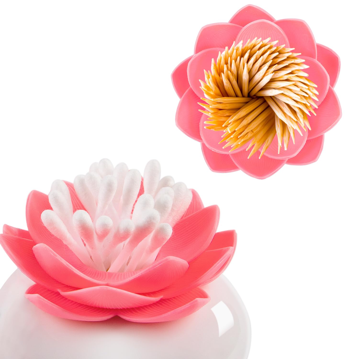 Bloss Lotus Cotton Swab Holder - Dustproof Q-tip Organizer with Lid, Pink Home Decor for Bathroom, Vanity & Makeup Station | Cute Toothpick & Cotton Bud Storage Solution