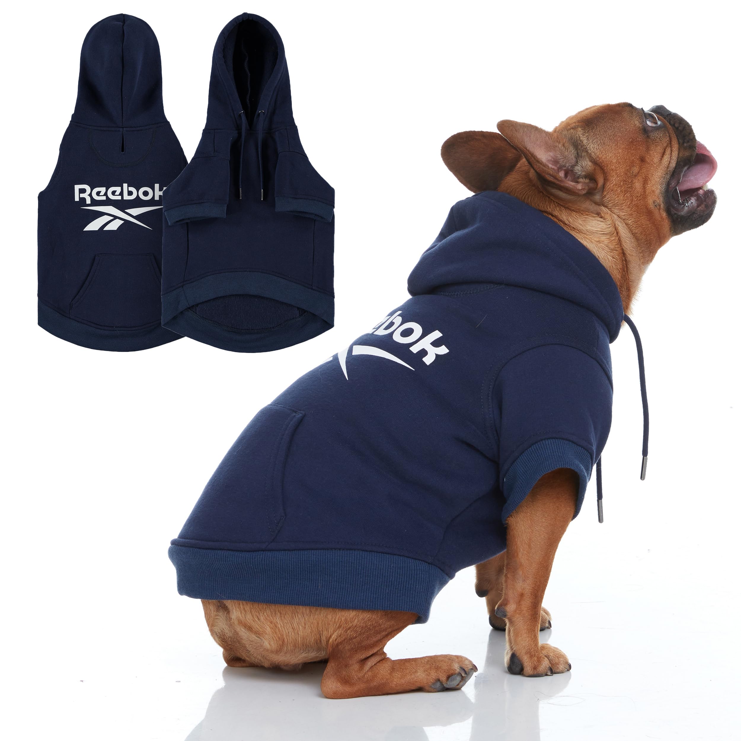 Reebok Fleece Dog Hoodie with Leash Hole - Warm Winter Dog Sweater for Small, Medium & Large Dogs | Premium Pullover Hooded Sweater for Fall & Christmas | Cozy Pet Outfit for Cold Weather Walks & Holiday Photos