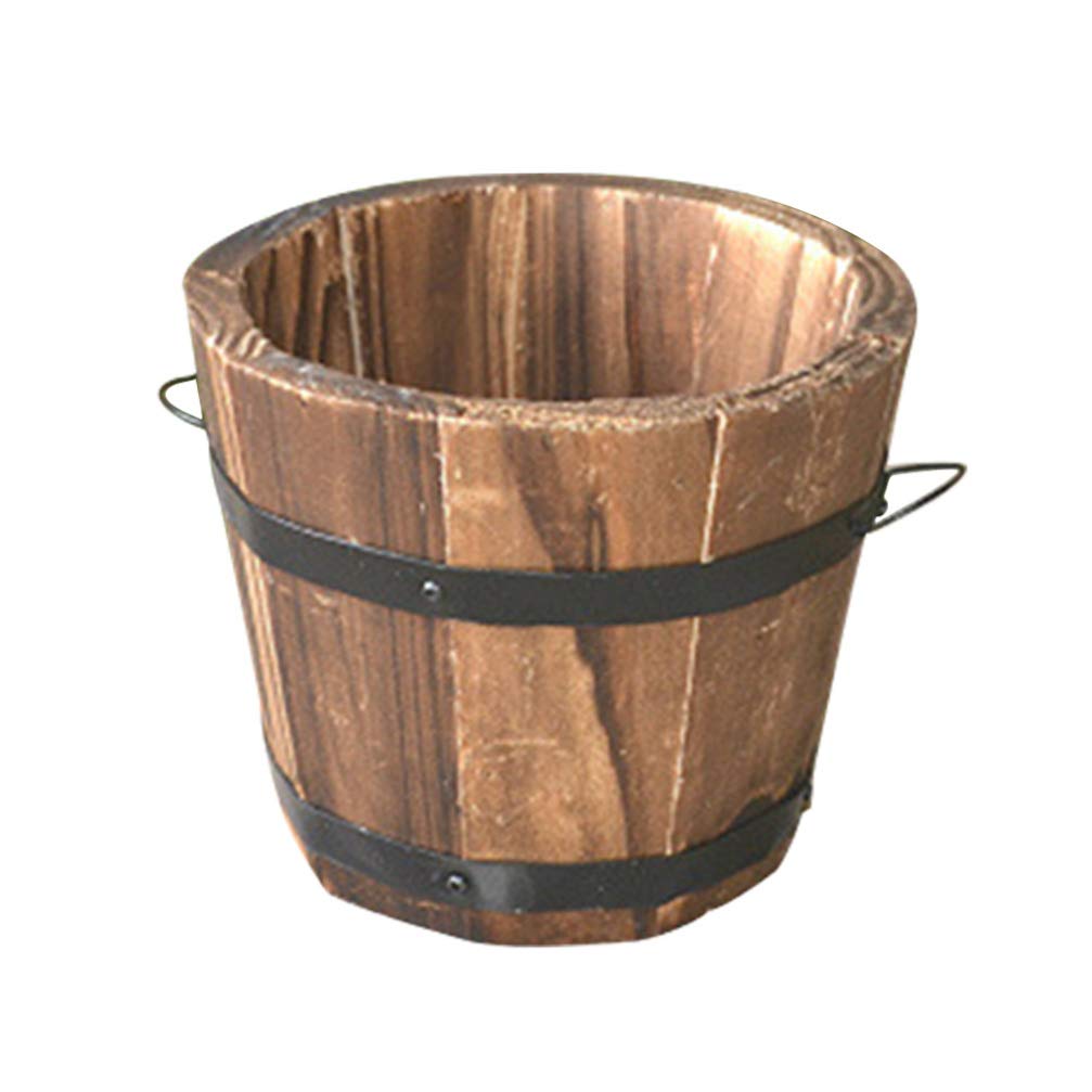 Vintage Wooden Bucket Barrel Planter - Round Whiskey Barrel Flower Pot for Succulents, Cactus & Plants - Home Office Desktop Decor, Farmhouse & Garden Decorations