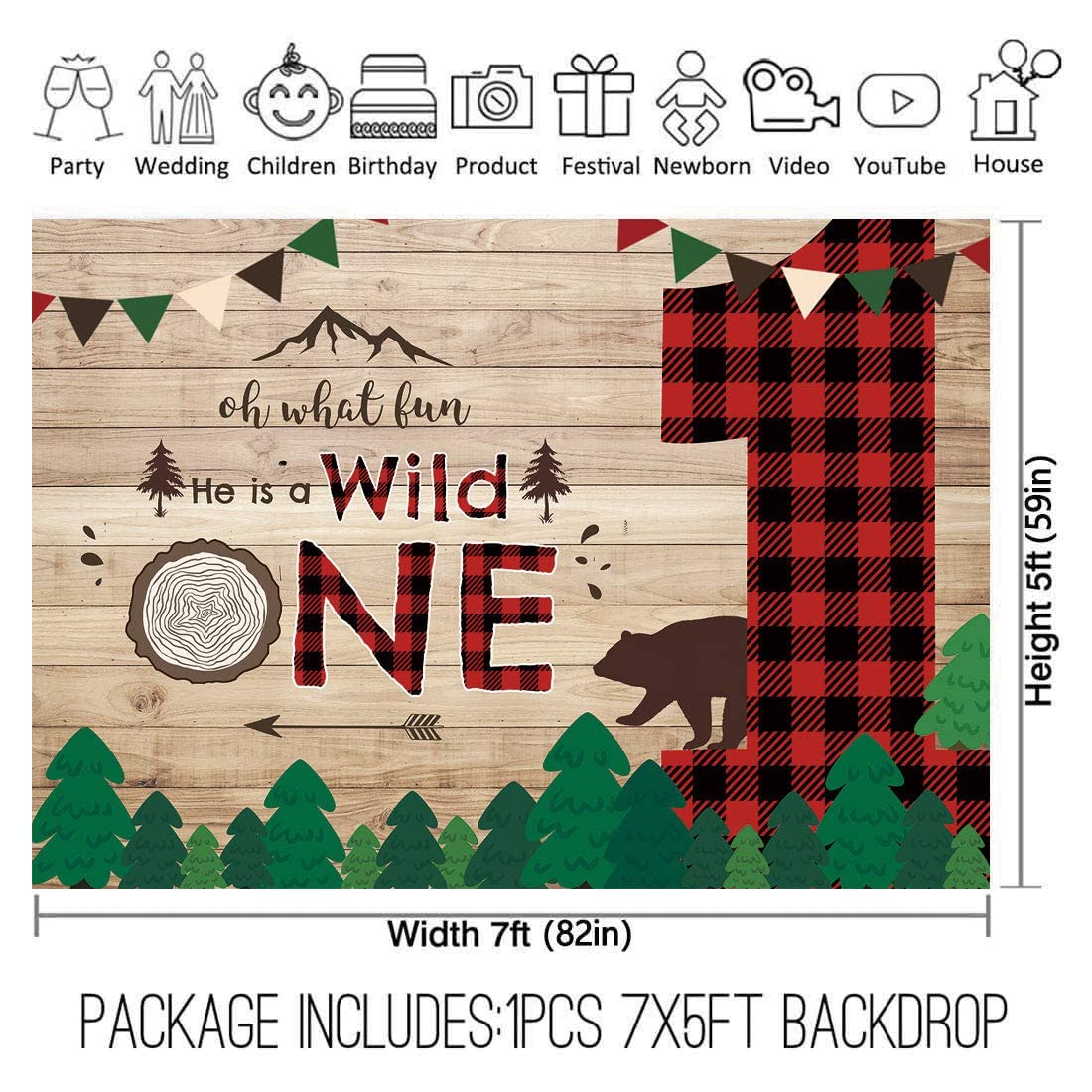 Allenjoy 7x5ft Lumberjack Wild One Backdrop - Red Black Buffalo Plaid Party Decor for 1st Birthday, Baby Shower & Kids Celebration | Perfect for Cake Smash Photoshoot, Woodland Theme Party & Prince-Themed Decorations