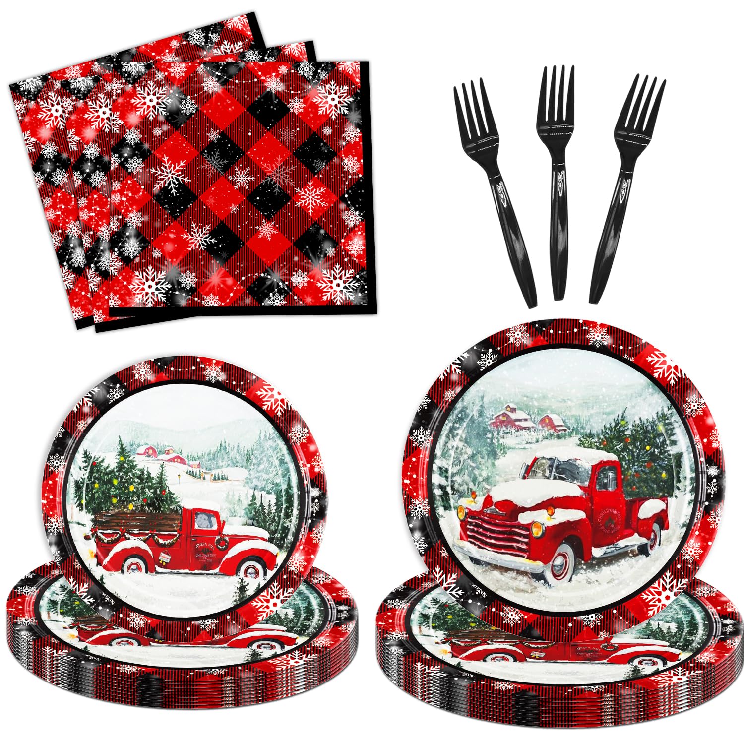 96 Pcs Buffalo Plaid Christmas Paper Plates & Napkins Set - Disposable Xmas Tableware with Plastic Forks for Holiday Parties, Dinner, Family Gatherings - Serves 24 Guests