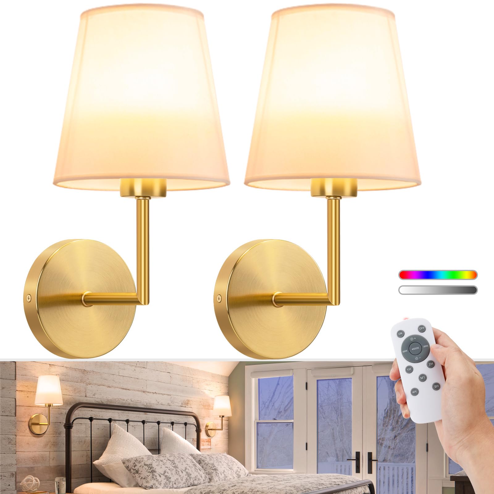 VOLISUN Battery Operated Wall Sconce Set of 2 - Gold Wireless Wall Lights with Remote Control & Rechargeable LED Bulbs, 9 Color Changing Indoor Lighting for Bedroom, Living Room, Hallway | Perfect for Home Decor, Night Light, and Ambient Lighting