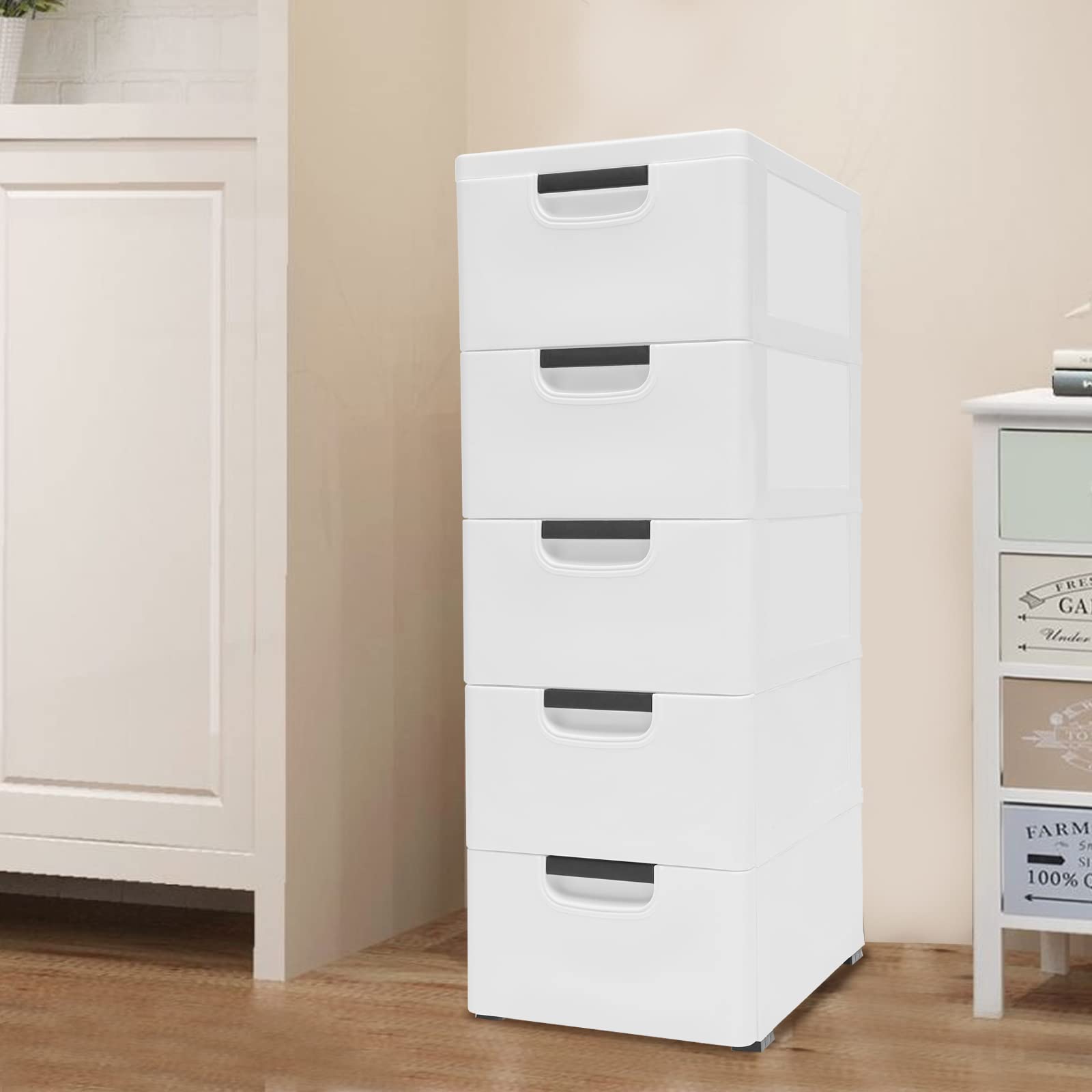LOYALHEARTDY 5-Drawer Plastic Storage Dresser with Wheels - White Organizer Cabinet for Toys, Snacks, Clothes | Perfect for Bedroom, Living Room, Playroom & Kids Room Organization