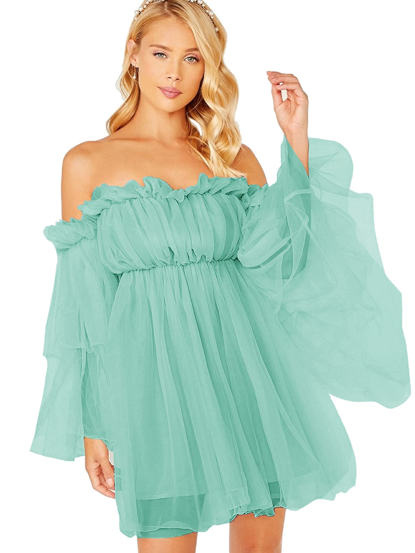 Romwe Women's Romantic Off Shoulder Flounce Long Sleeve Ruffle Mesh Party Mini Dress - Perfect for Weddings, Prom, Cocktail Parties & Date Nights