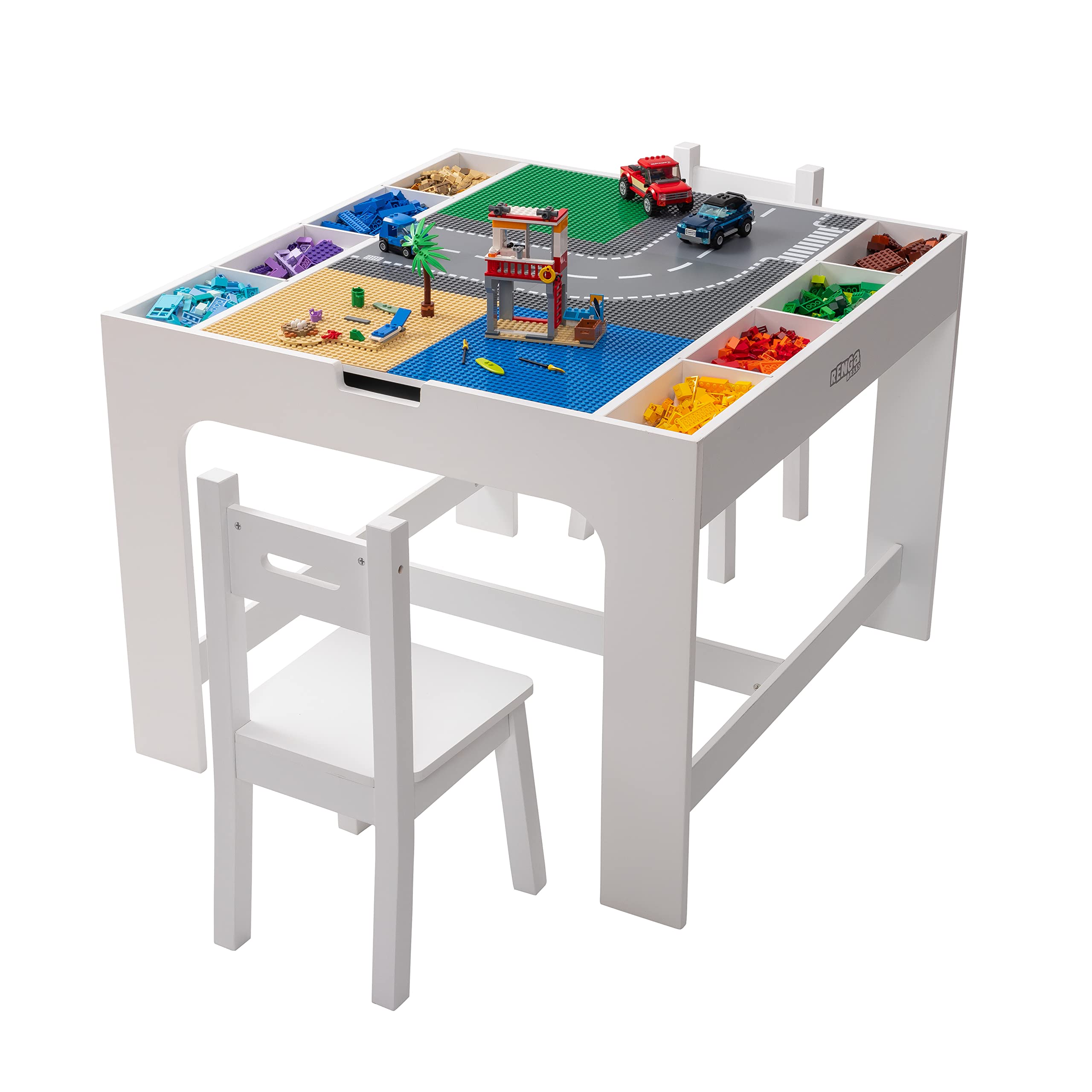 2 in 1 Kids Play Table and Chair Set with Storage - Lego & Duplo Compatible Activity Table - Modern White Children's Furniture for Playroom, Daycare or Home Learning