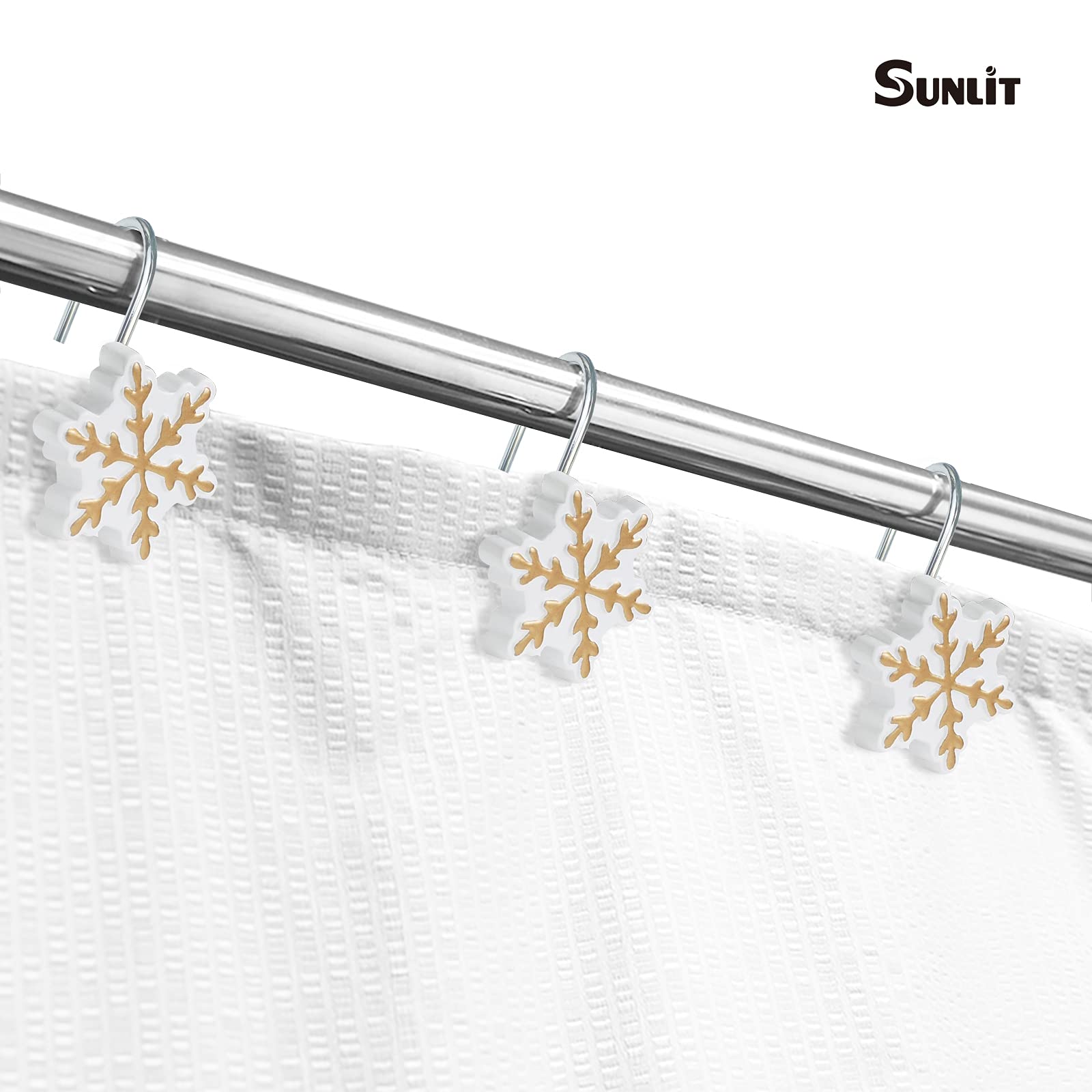Snowflake Christmas Shower Curtain Hooks - 12 Pack White & Gold Resin Shower Rings for Holiday Bathroom Decor | Perfect for Winter Home Decor, Christmas Gifts & Festive Bathroom Upgrades