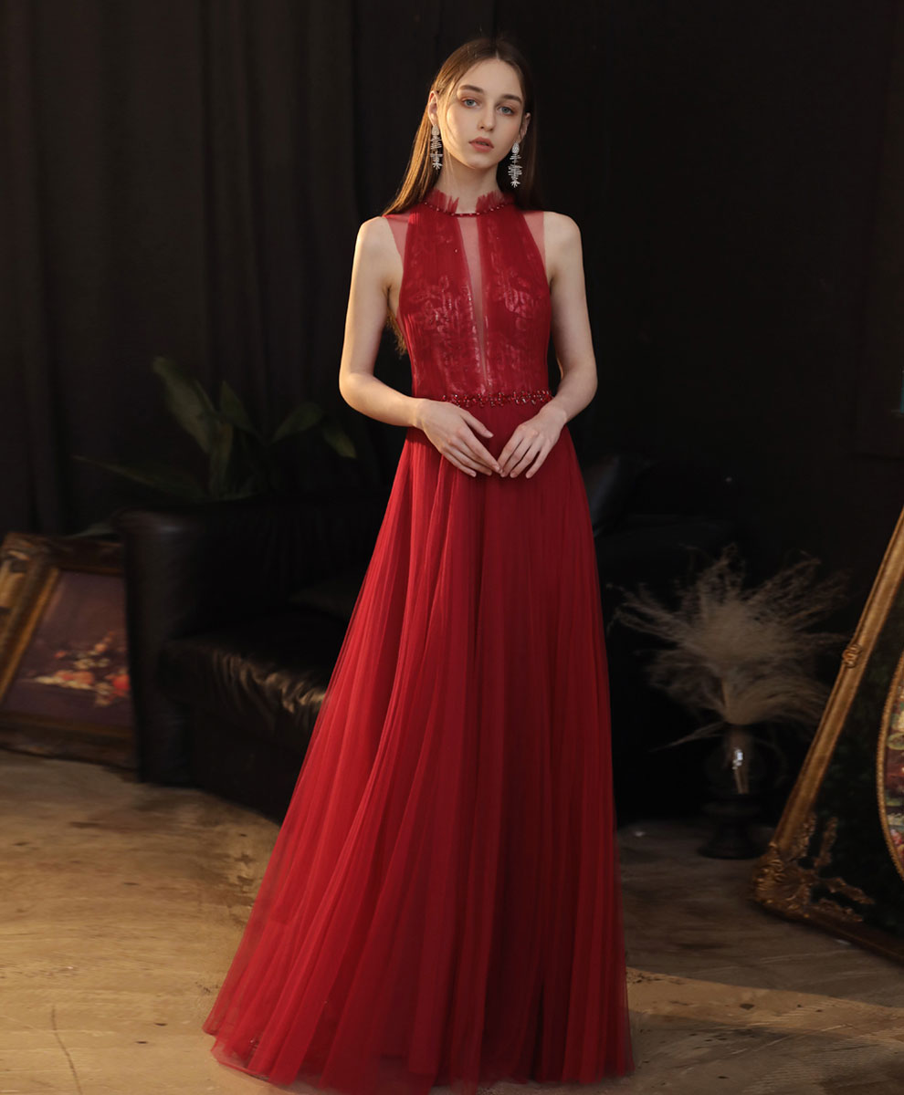 Elegant Burgundy High Neck Tulle Lace Long Prom Dress - Formal Evening Gown for Homecoming, Wedding Guest & Special Occasions