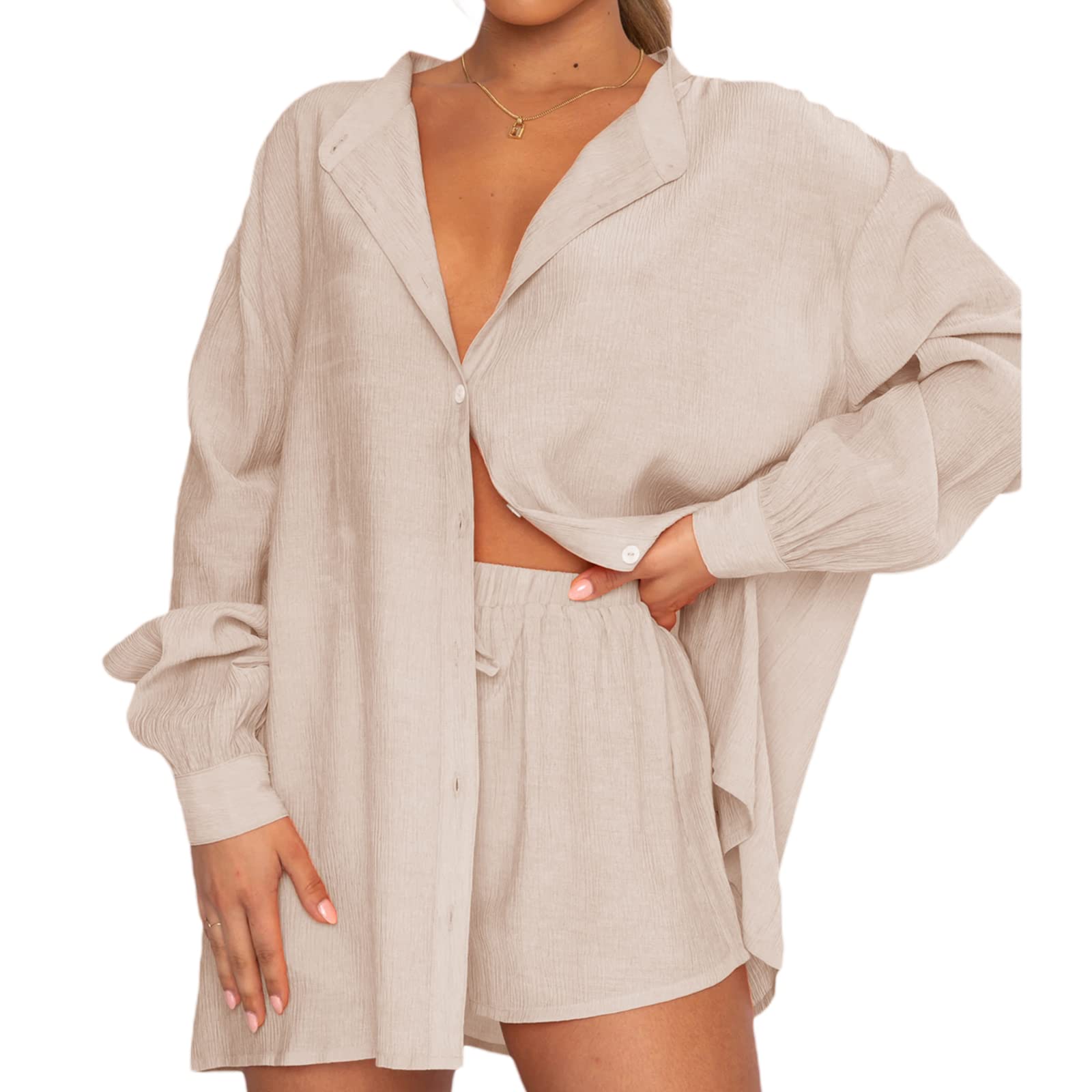 NUFIWI Women's Casual Two Piece Outfits Set - Oversized Long Sleeve Shirt & High Waist Shorts - Summer Tracksuit Loungewear for Home, Travel & Streetwear Fashion