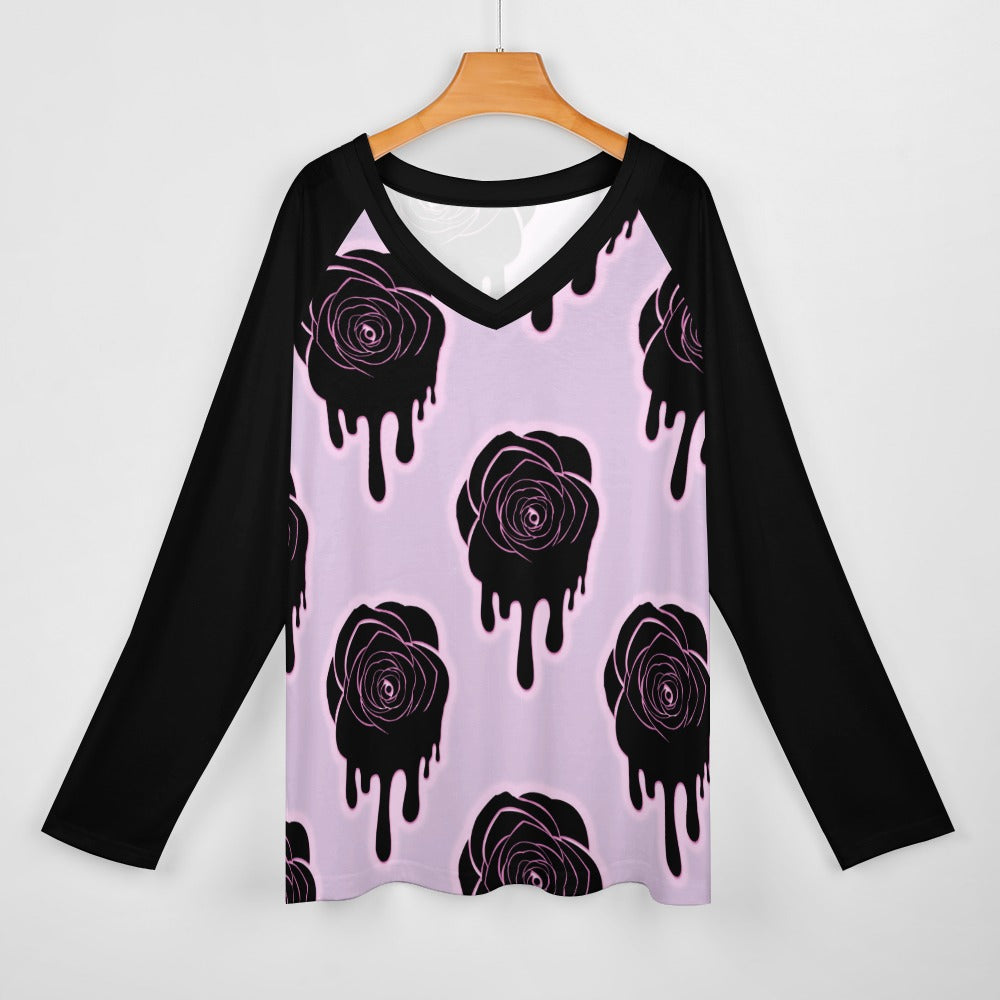 Black Rose Print Long Sleeve Loose T-Shirt for Women - Soft Cotton Oversized Tee for Casual Wear, Street Style & Layering