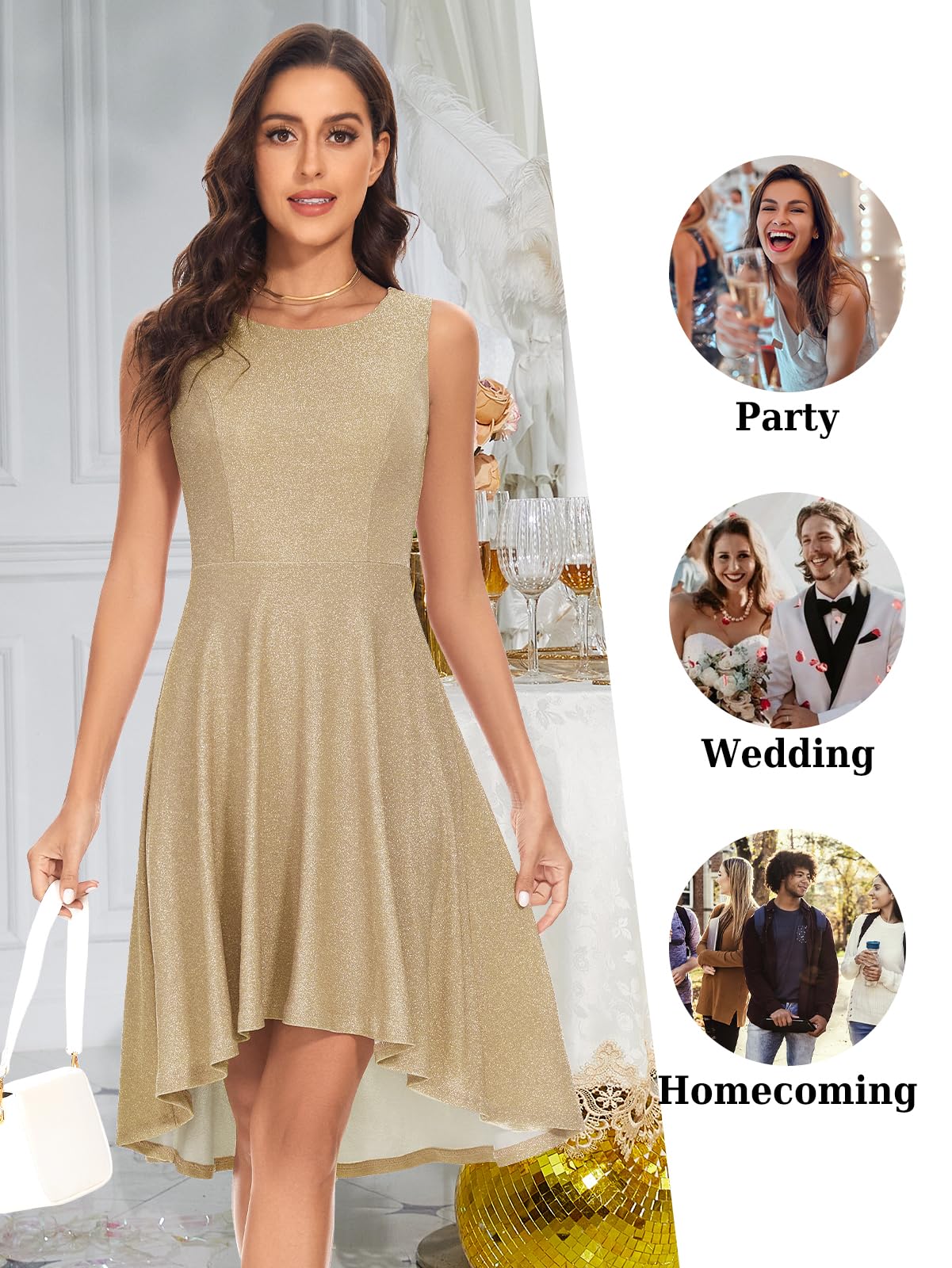 Bbonlinedress Women's Summer Sleeveless Glitter Swing Dress for Cocktail Party, Prom & Formal Occasions | Elegant Midi Dress for Night Out, Wedding Guest & Special Events