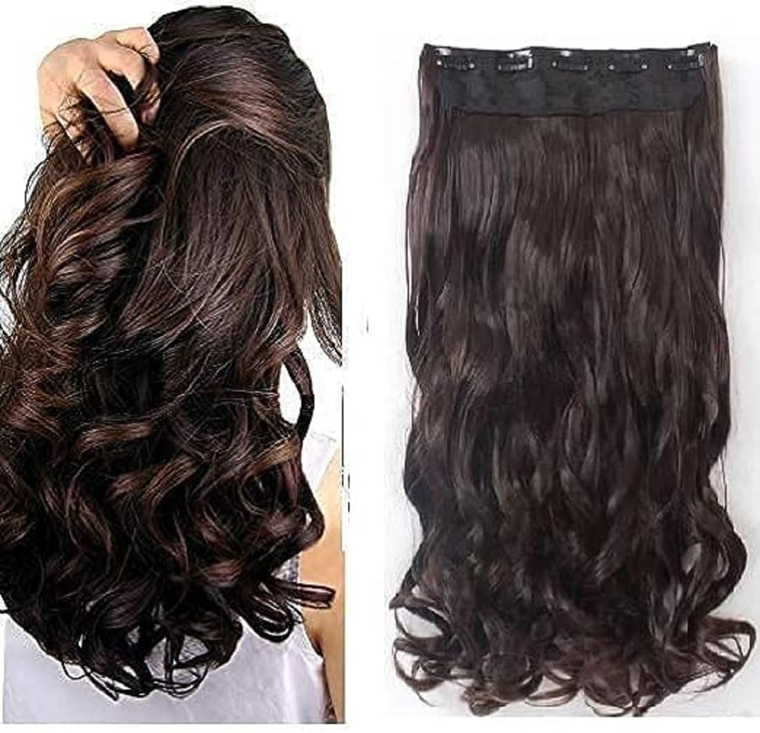 Abrish Natural Brown Curly Wavy Hair Extensions - 5 Clip-in Synthetic Hair Extensions That Look Like Real Human Hair | Perfect for Daily Styling, Parties & Special Occasions