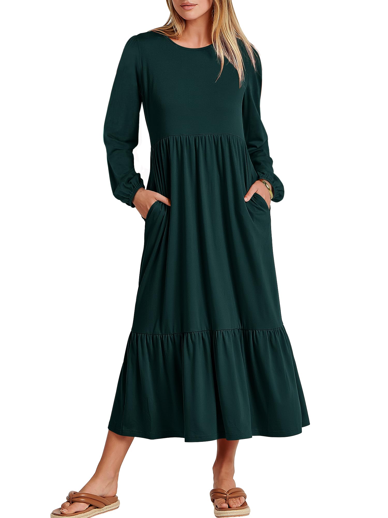 ANRABESS Women's Casual Long Sleeve Midi Dress 2025 Spring Crewneck A-Line Tiered Flowy Loose Trendy Dresses with Pockets - Perfect for Office Wear, Date Night, Spring Outfits & Everyday Comfort