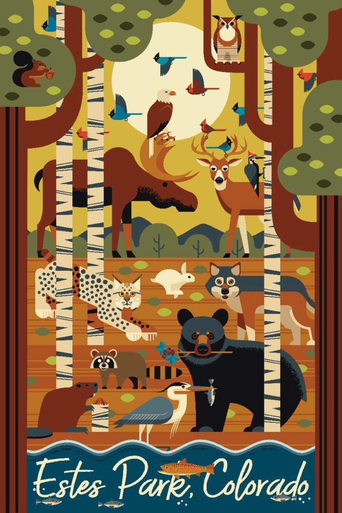 Estes Park Colorado Forest Animals Geometric Wall Art Poster - 12x18 Inches, Nature-Inspired Room Decor for Living Room, Bedroom & Office