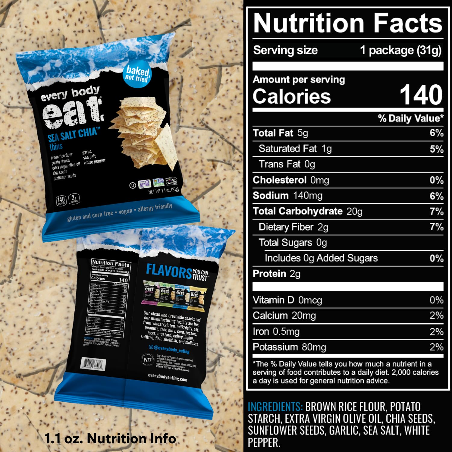 Every Body Eat Snack Thins - Gluten Free, Vegan Sea Salt Chia Crackers (Pack of 20) | Healthy School Lunch Snacks, Dairy Free Snacks for Kids & Adults | Perfect for On-the-Go, Office, and Picnics
