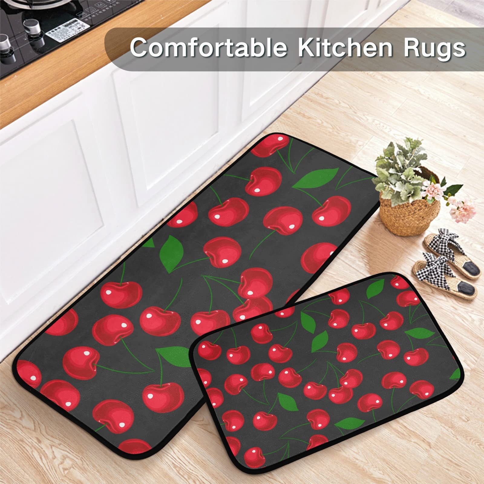 Premium 2-Piece Red Cherry Kitchen Rugs Set - Cushioned Anti-Fatigue Non-Slip Mats, Washable Farmhouse Decor for Indoor & Outdoor Use - Perfect for Kitchens, Entryways, and Laundry Rooms