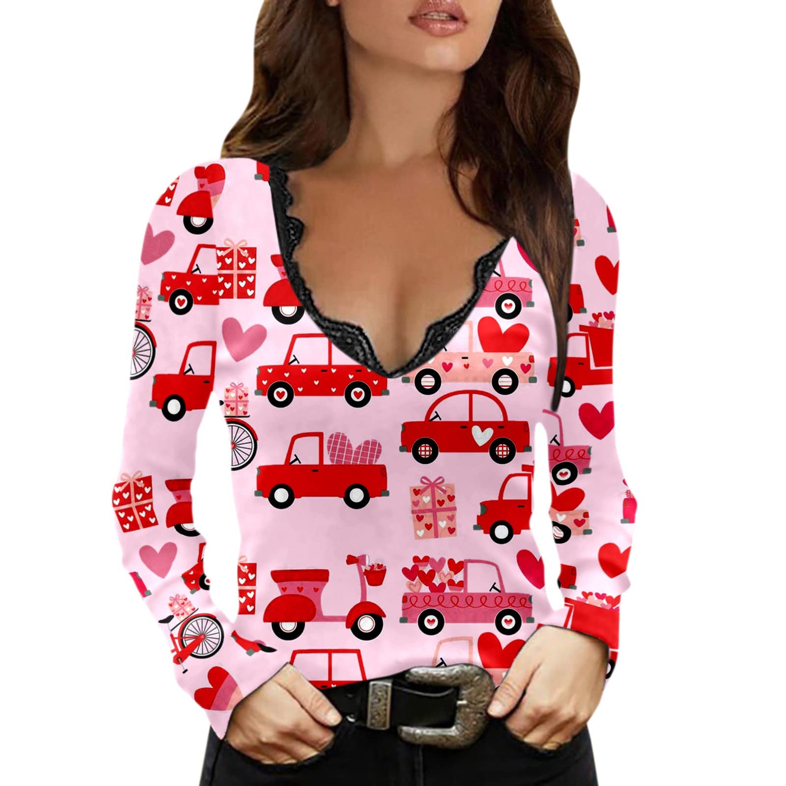 Valentines Day Outfits for Women - Sexy Long Sleeve V Neck Blouse with Cute Graphic Print | Casual Tunic Tops for Date Night, Party & Romantic Occasions