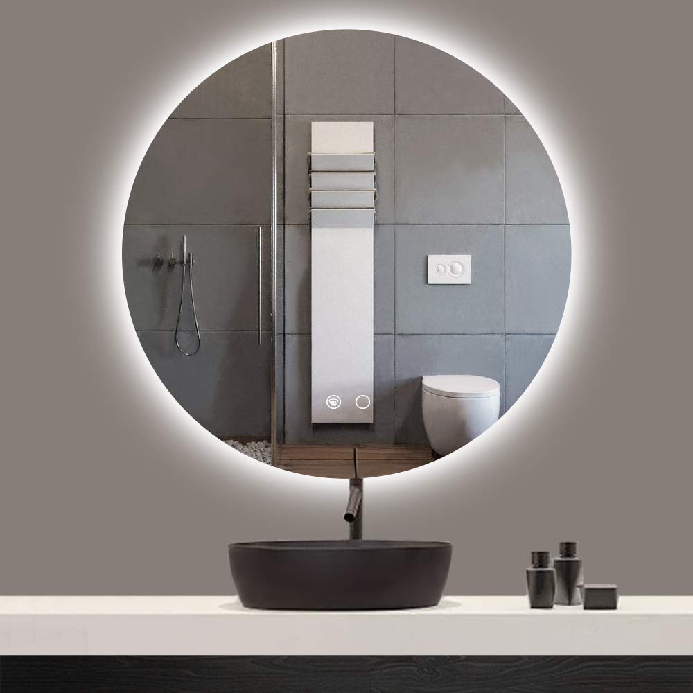 Keonjinn 24 Inch LED Round Bathroom Mirror with Dimmable Backlight - Anti-Fog Wall Mounted Vanity Mirror with CRI 90+ for Makeup & Shaving - Perfect for Modern Bathrooms, Bedrooms and Dressing Areas