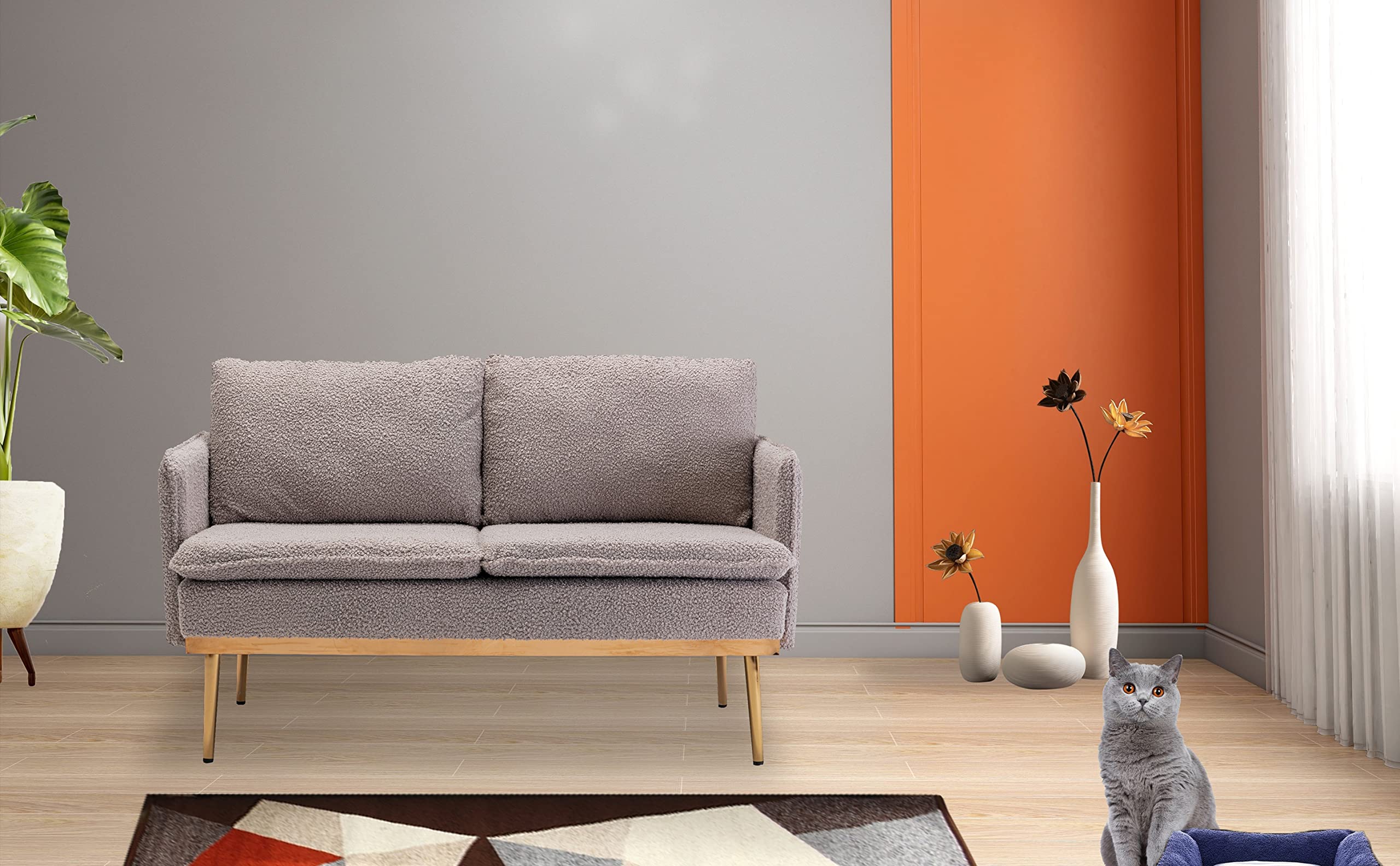Modern Tufted Loveseat Sofa for Small Spaces - Grey Teddy Fabric with Iron Legs | Stylish Bedroom, Living Room Lounge Chaise | Perfect for Apartments, Dorms & Cozy Spaces