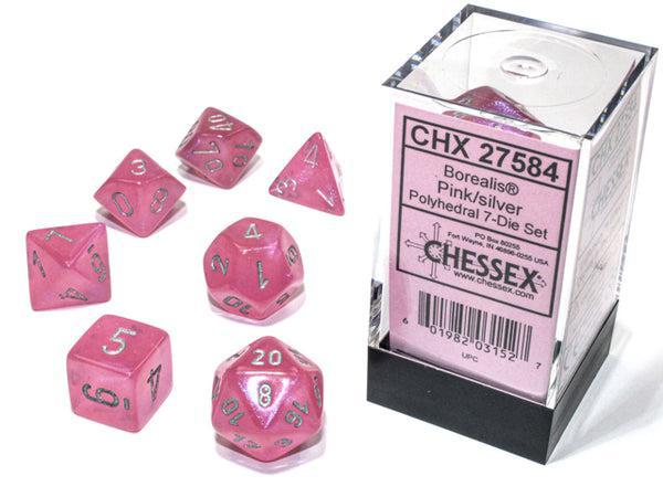 Borealis Pink & Silver 7-Dice RPG Set for Dungeons & Dragons, Pathfinder, and Tabletop Roleplaying Games - Vibrant Polyhedral Dice for Gamers & Collectors