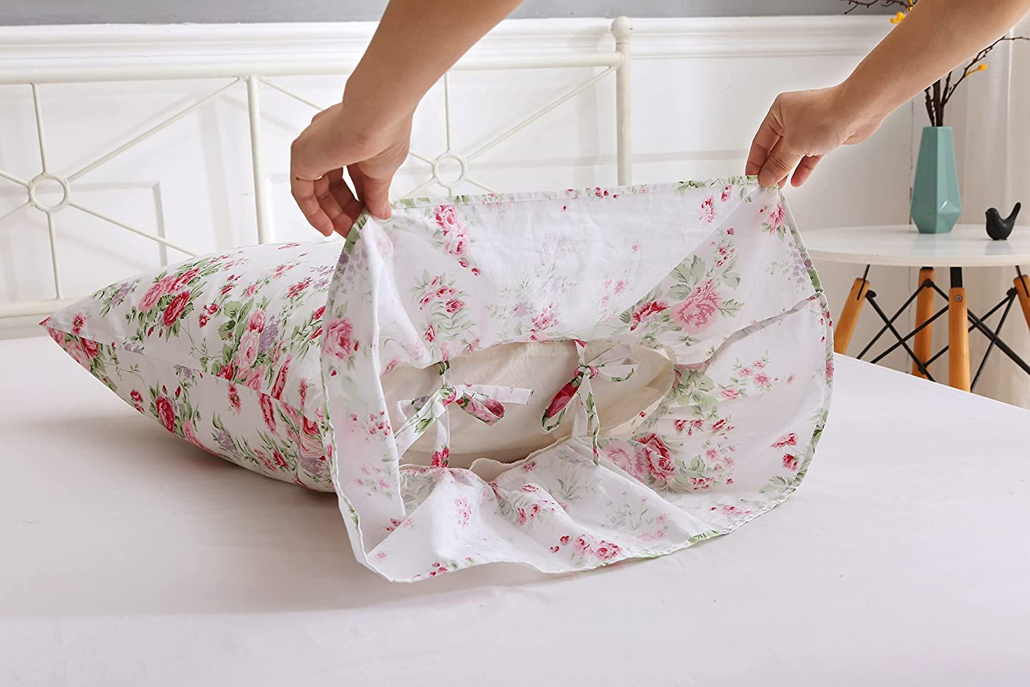 Rose Floral Long Ruffles Cotton Pillow Shams Set of 2 - King Size Bedding, Decorative Cushion Covers for Master Bedroom, Living Room Sofa, Home Decor