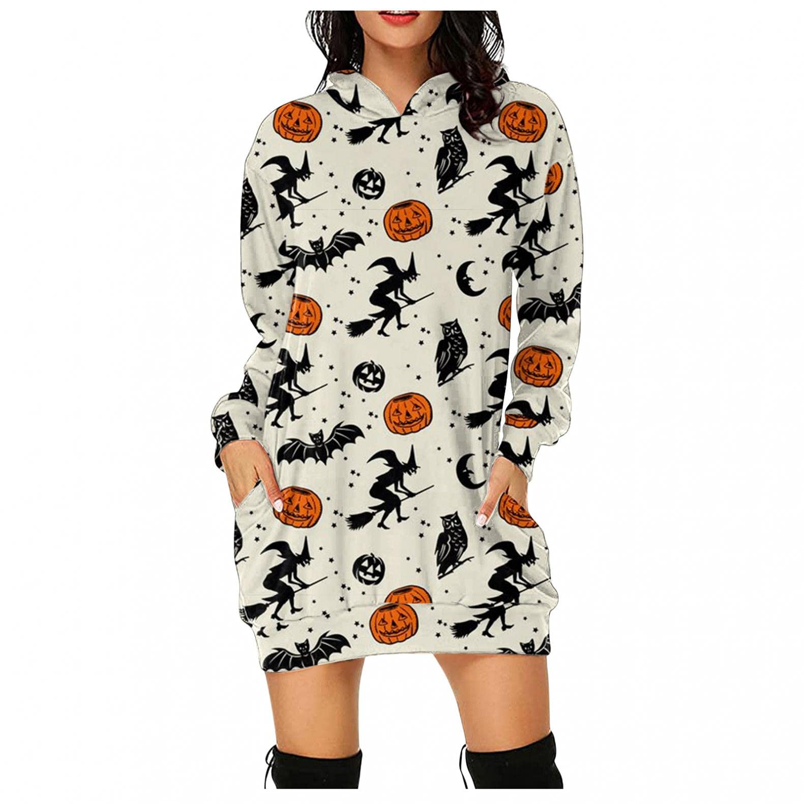 ONHUON Women's Casual Long Sleeve Hooded Dress with Pockets - Loose Fit Pullover Sweatshirt for Halloween, Fall Fashion & Everyday Wear