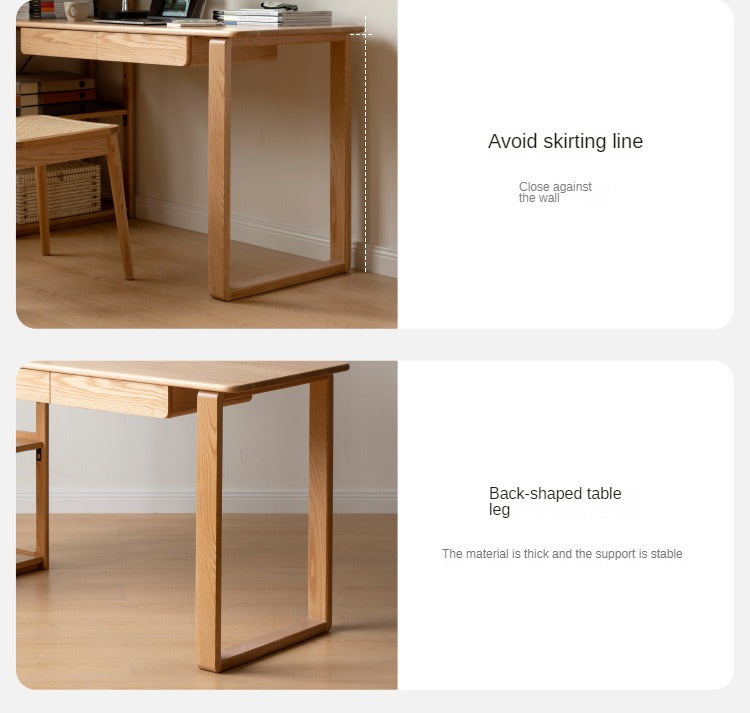 Solid Oak Wood Office Desk with Single Leg & Built-in Bookshelf - Modern Home Office Furniture for Work and Study