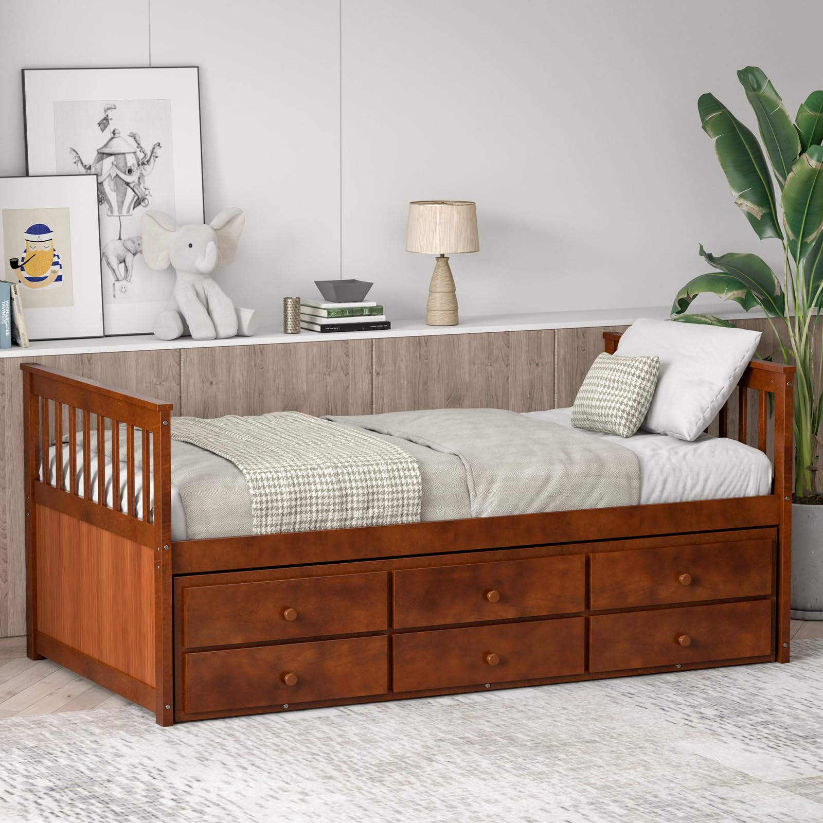 KOMFOTT Twin Size Wooden Trundle Bed with Storage Drawers - Space-Saving Daybed Frame, No Box Spring Needed, Captain’s Bed for Guest Room, Kids Room & Small Apartments