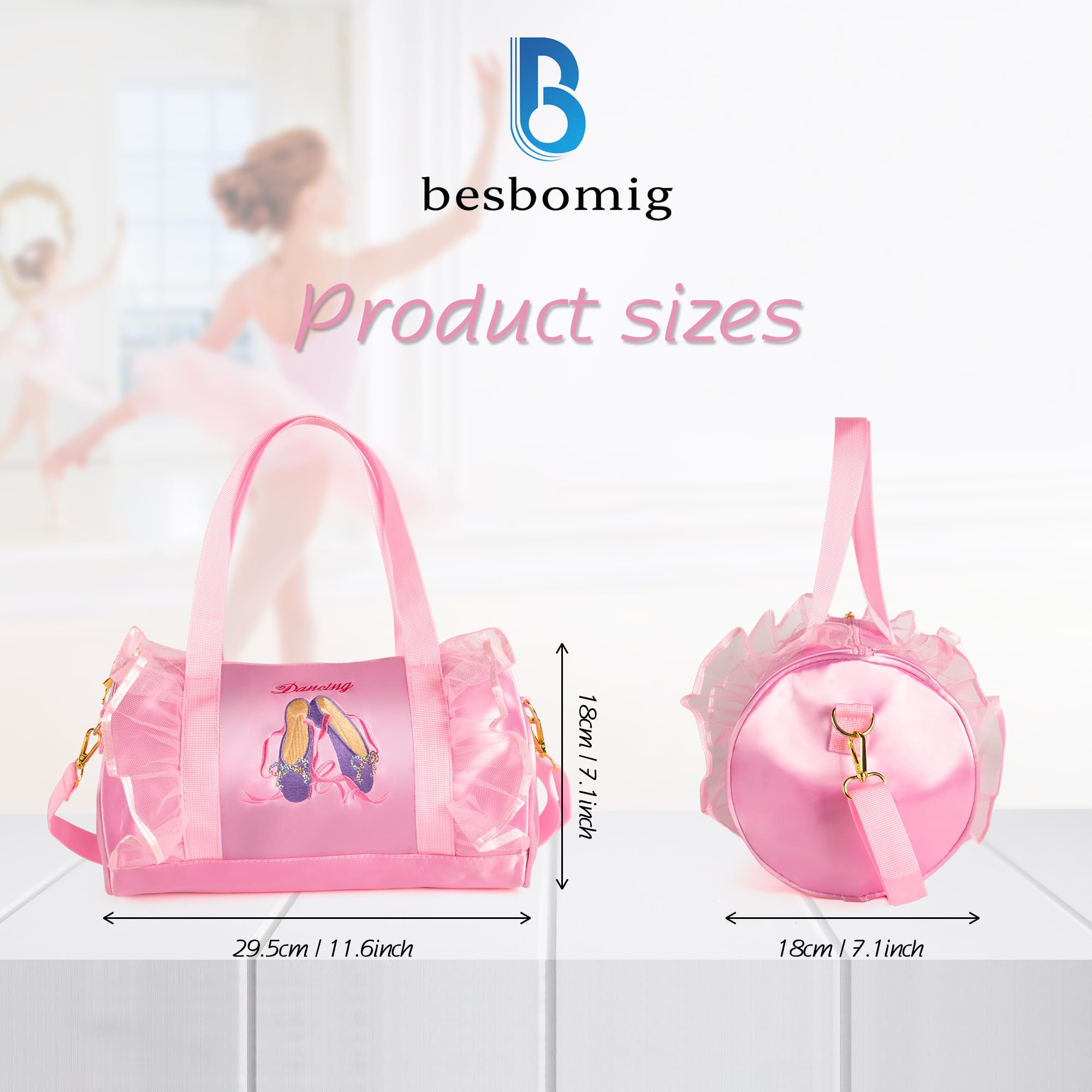 Besbomig Pink Ballet Dance Bag for Girls - Adjustable Shoulder Bag & Crossbody Sports Purse for Ballerina, Dancewear Storage & Princess Shoes Tote - Perfect for Ballet Class, Dance Recitals & Kids Dance Practice