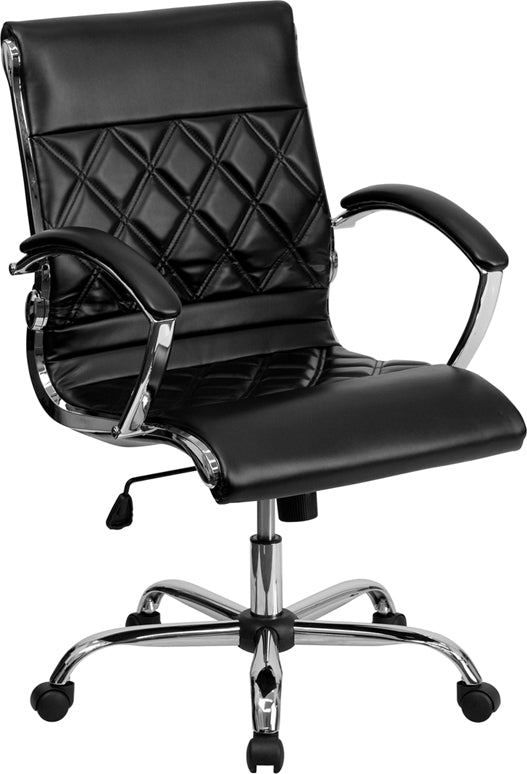 FLASH Merideth Mid Back Designer Black LeatherSoft Executive Swivel Office Chair with Chrome Base & Arms - Ergonomic Desk Chair for Home Office, Conference Room & Workspace