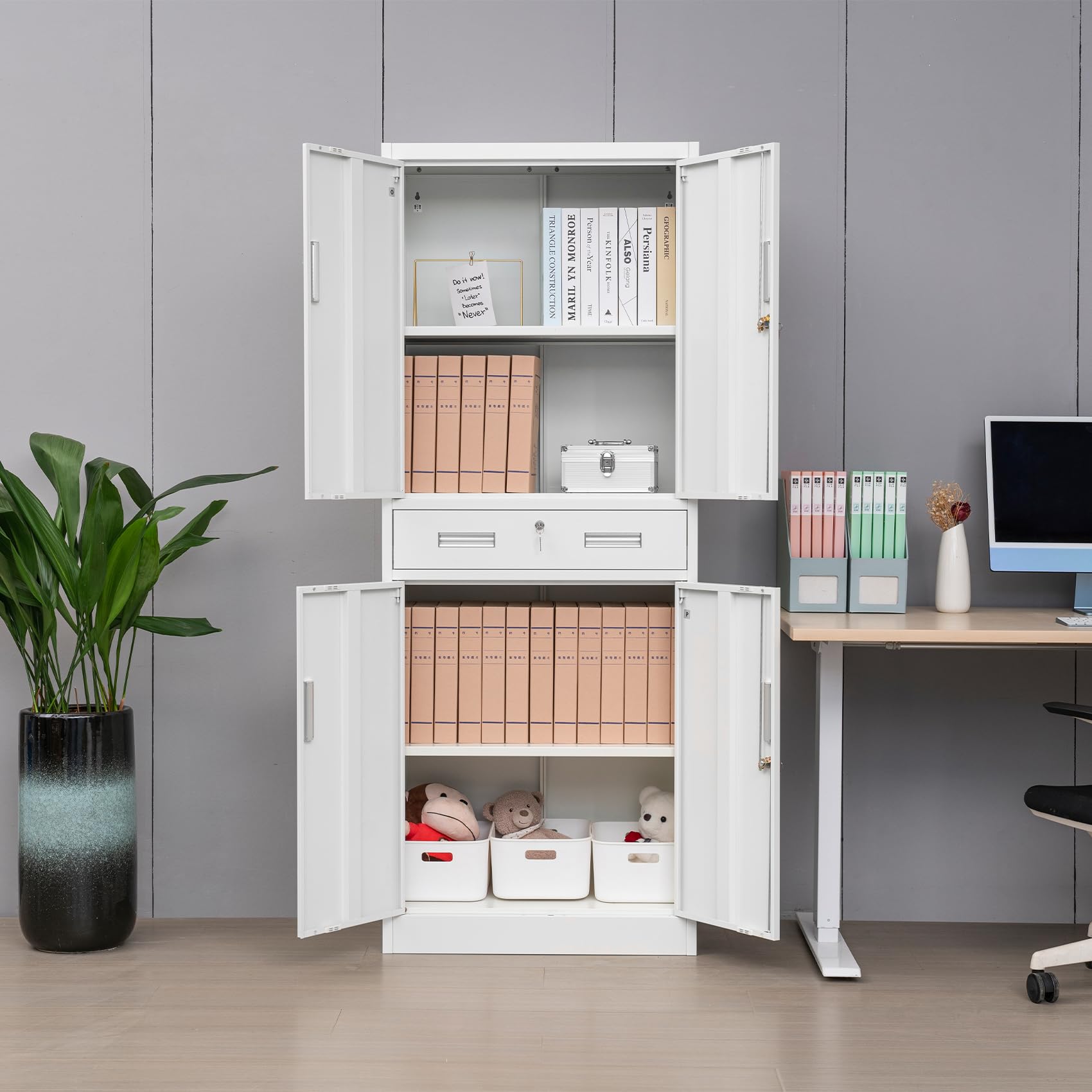 BESFUR Metal Storage Cabinet with Drawer & Adjustable Shelves - White Garage, Office, School Organizer for Tools, Supplies & Equipment