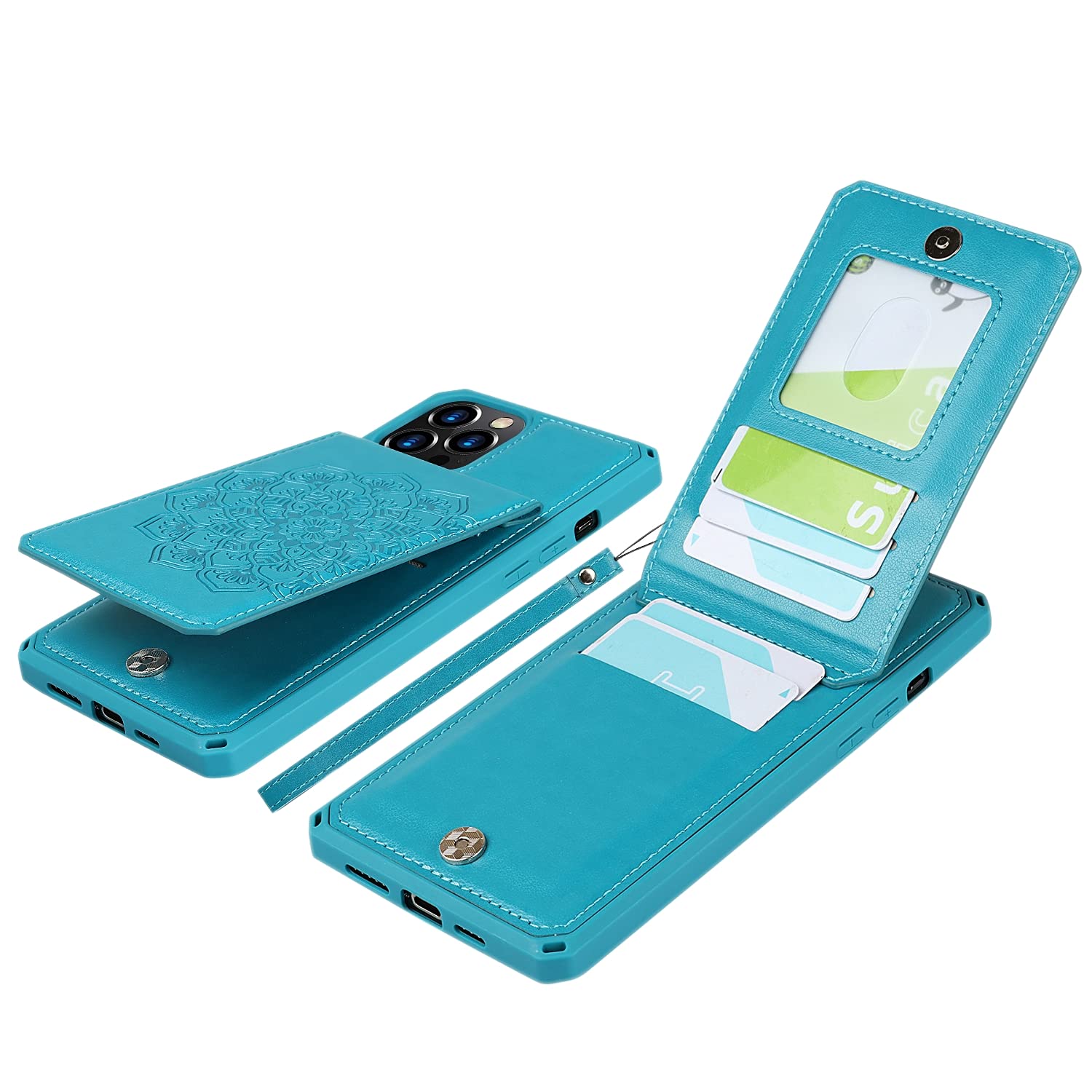 Premium Leather iPhone 12 Pro Max Wallet Case with RFID Blocking - Credit Card Holder, Magnetic Clasp, Kickstand & Wrist Strap - Shockproof Protective Cover (Mandala Blue) for Work, Travel & Everyday Use