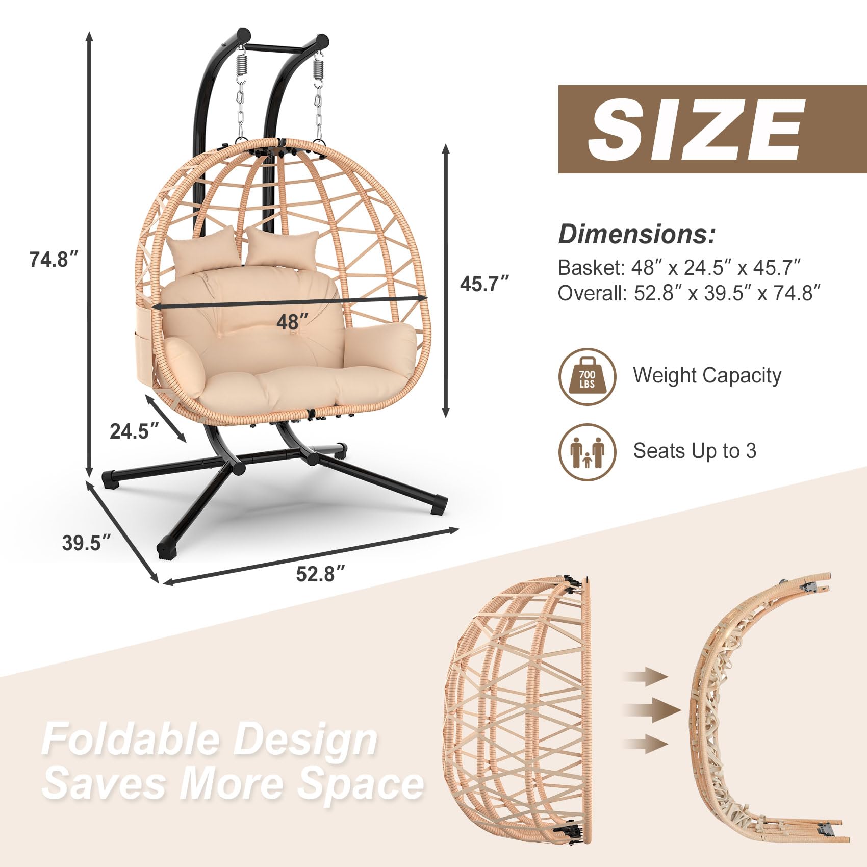 ZENPETIO Double Egg Swing Chair with Stand - 2 Person Rattan Wicker Hanging Chair with UV Resistant Cushion & Pillow - Indoor/Outdoor Patio, Bedroom, Garden Relaxation - Brown
