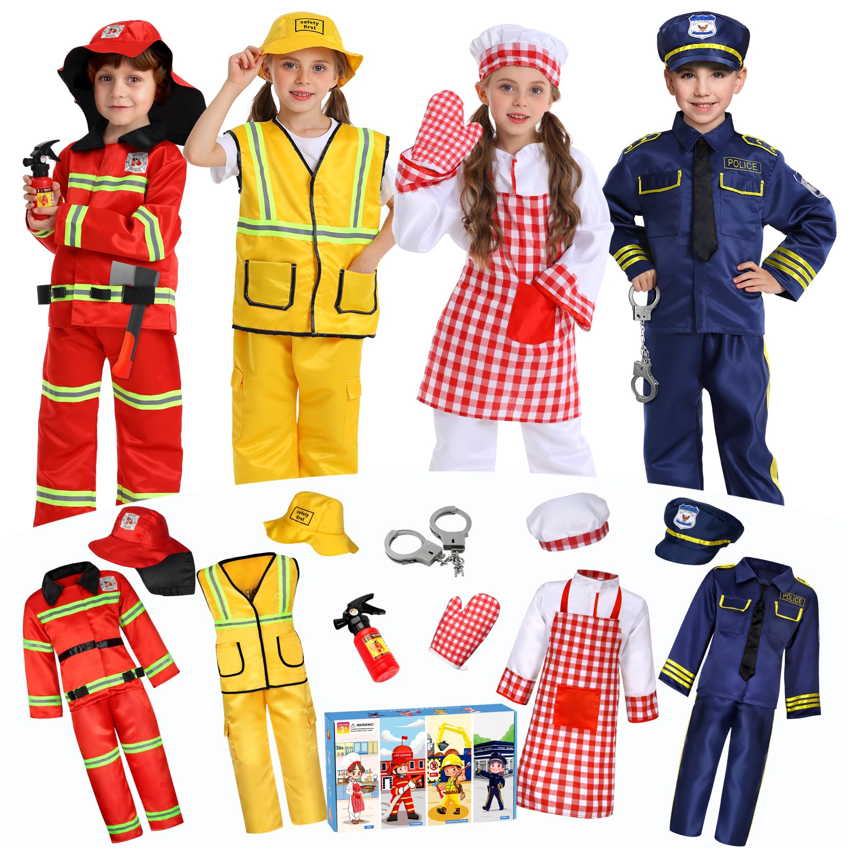 14Pcs Toddler Boys Dress Up Costume Set - Firefighter, Construction Worker, Chef & Police Outfits for Pretend Play | Christmas & Birthday Gift for Kids Ages 3-6 | Perfect for Role Play, Parties & Preschool Learning Activities