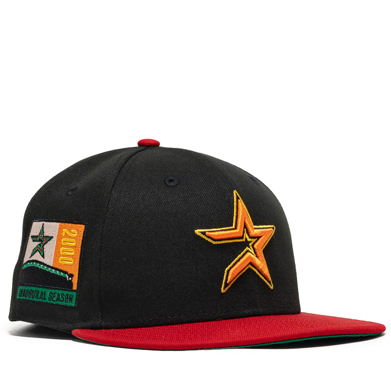 New Era x Politics Houston Astros 59FIFTY Fitted Cap - Black/Scarlet - Official MLB Baseball Hat for Men - Perfect for Games, Collecting & Streetwear Fashion