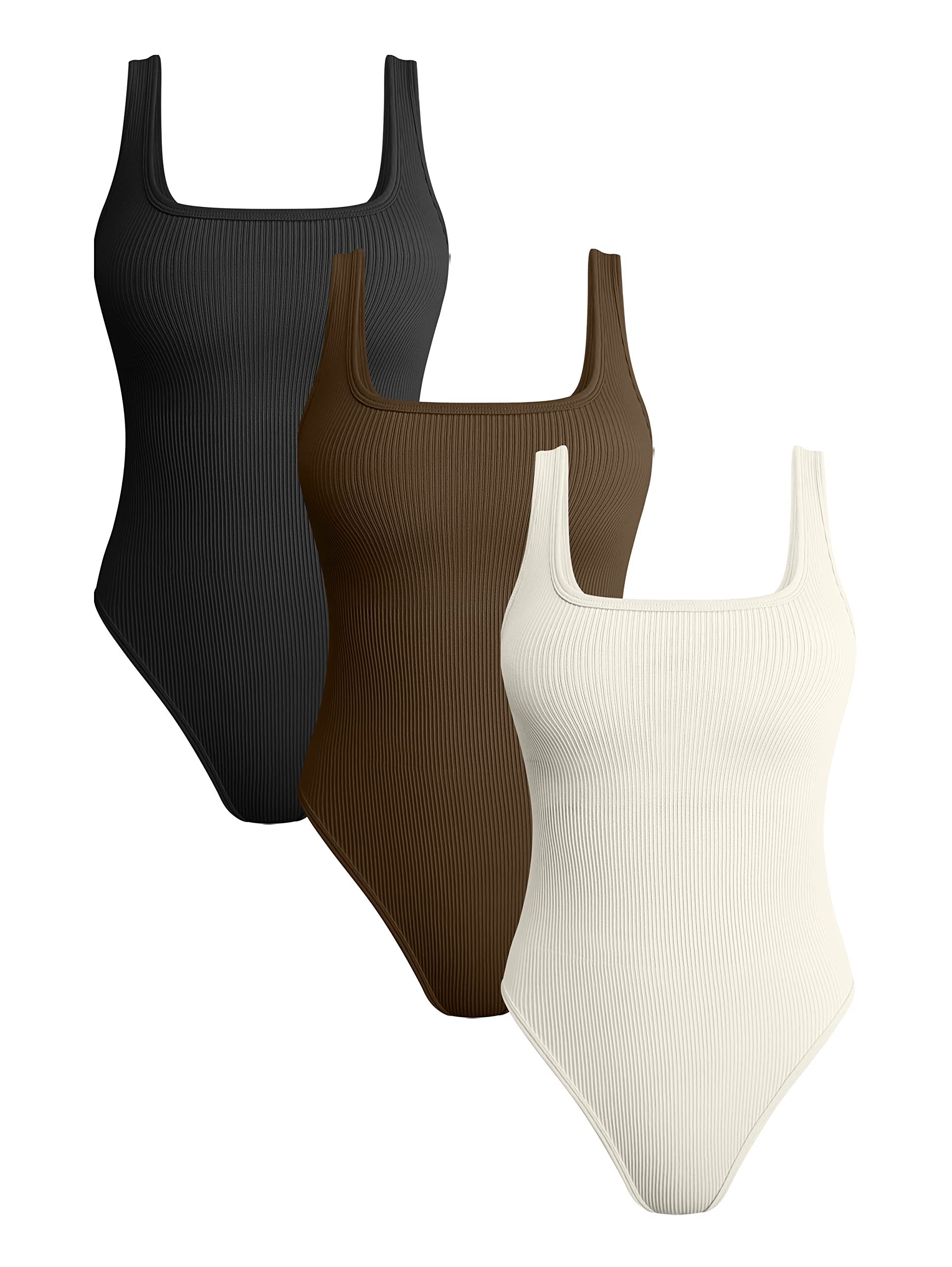 OQQ Women's 3 Piece Ribbed Bodysuit Set - Square Neck Sleeveless Tank Tops & Stretchy Bodysuits | Perfect for Layering, Casual Wear & Summer Outfits