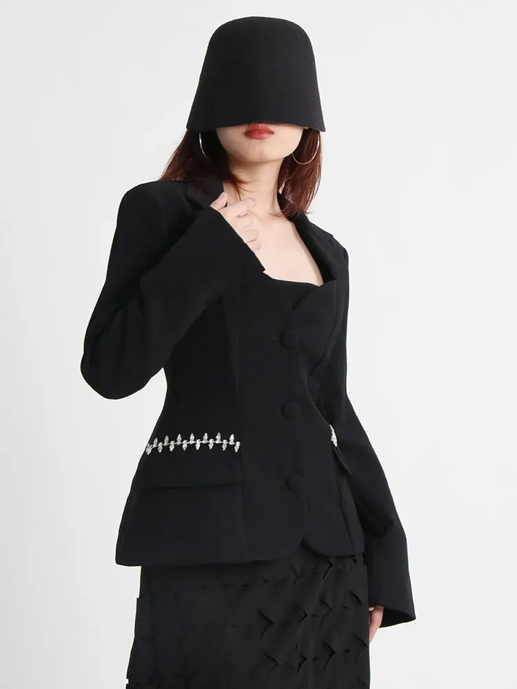 Elegant Backless Diamond Slim Blazer for Women - Notched Collar Long Sleeve Minimalist Jacket | Perfect for Office Wear, Evening Parties & Formal Events