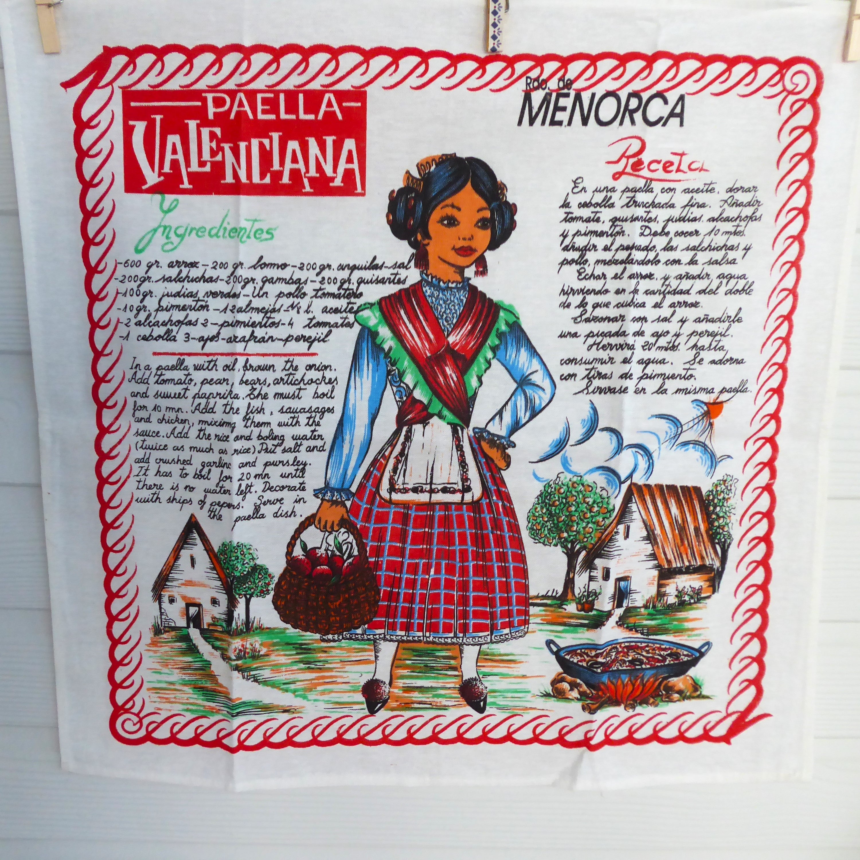 Vintage 1980s Spanish Paella Recipe Tea Towel - English & Spanish Souvenir Dish Towel for Kitchen Decor & Cooking Gifts