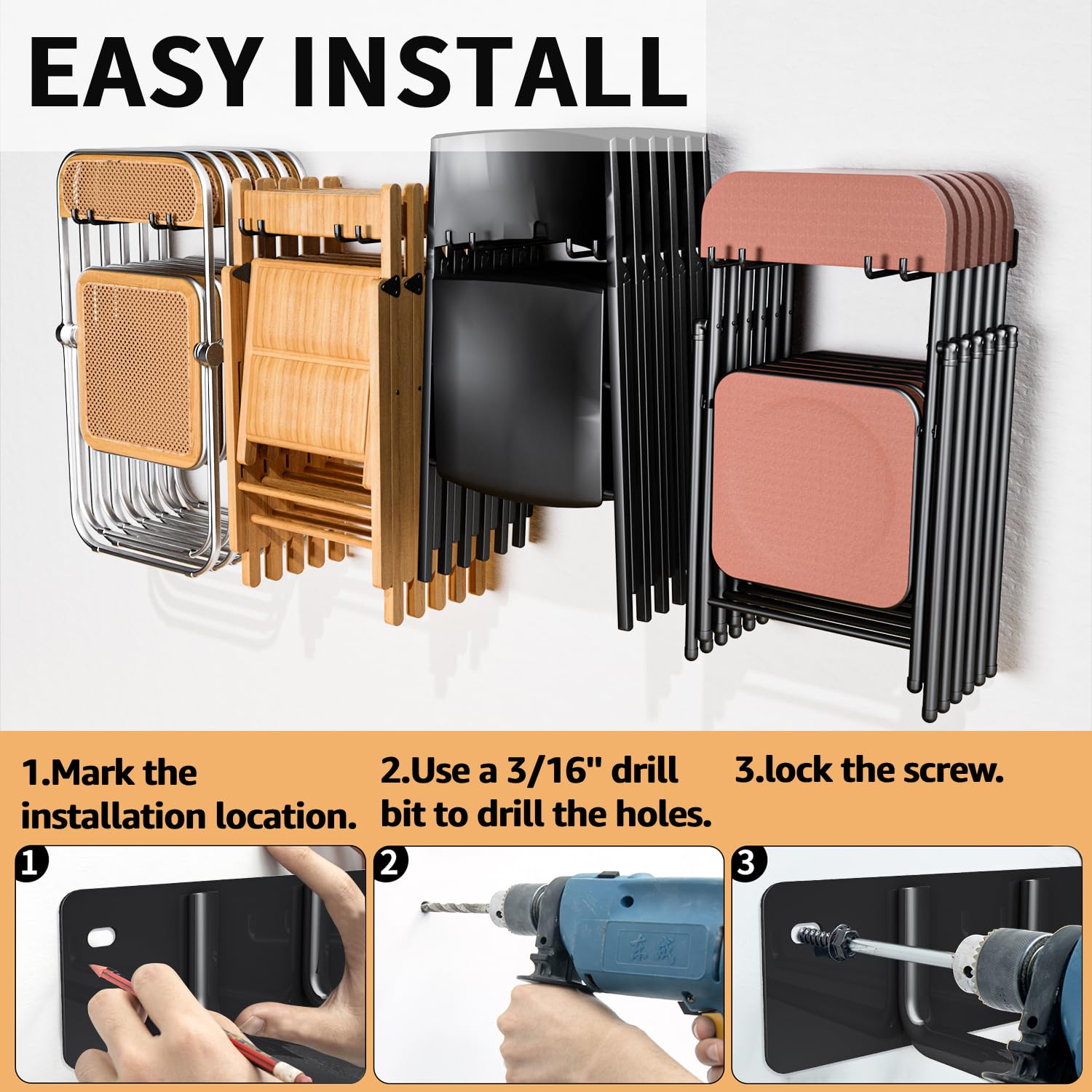YYR Heavy Duty Folding Chair Storage Rack - 4 Pack Wall Mount Organizer for Garage, Lawn, Beach & Camping Chairs - Solid Metal Hooks with 480 LB Capacity - Space Saving Solution for Garden Tools & Foldable Furniture Storage