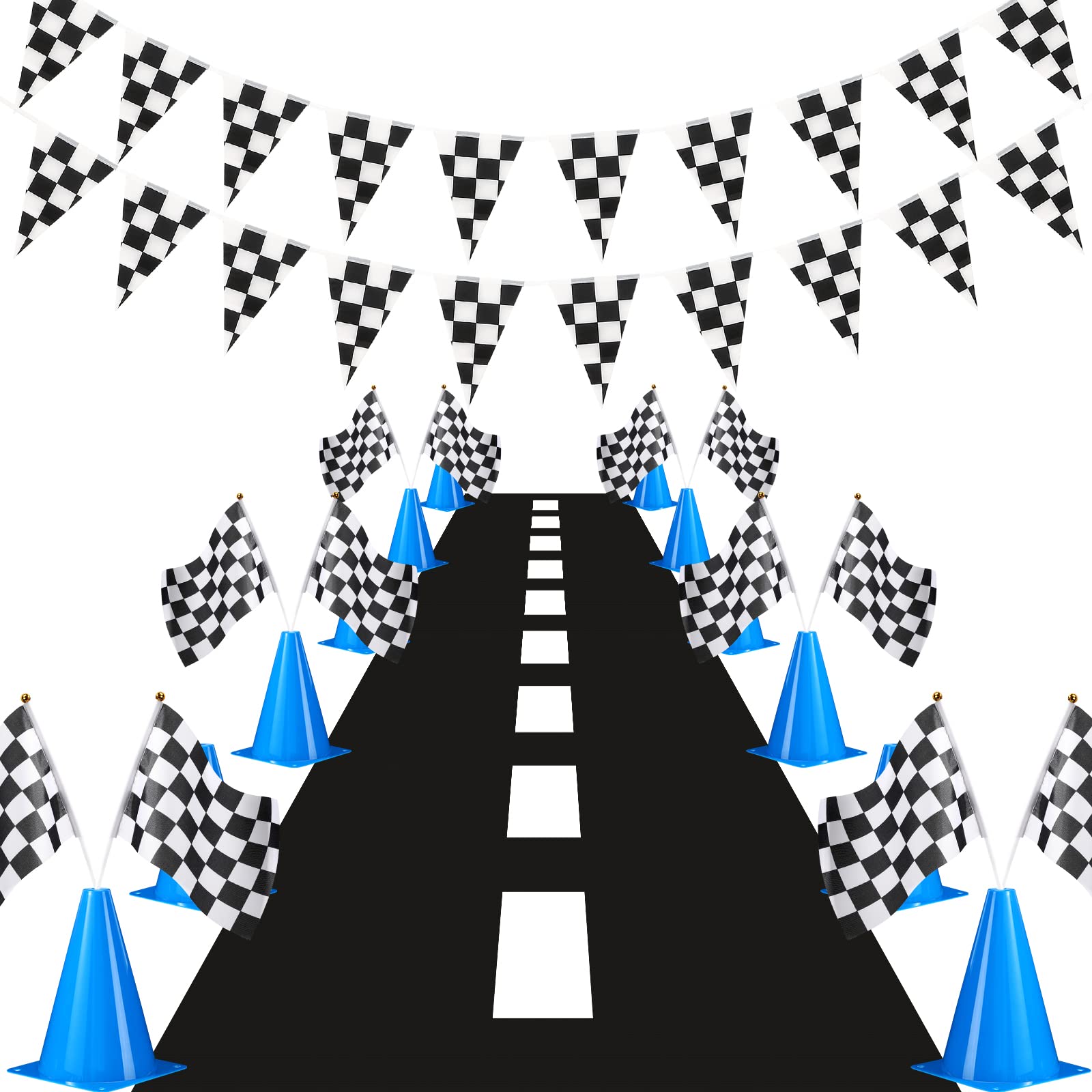 12 Pack Traffic Cones & Racing Flags Set - 12 Plastic Safety Cones, 12 Checkered Racing Flags with Poles, 31ft Checkered Pennant Banner & 9.8x2ft Race Track Mat for Kids Outdoor Games, Birthday Parties, School Events & Sports Activities