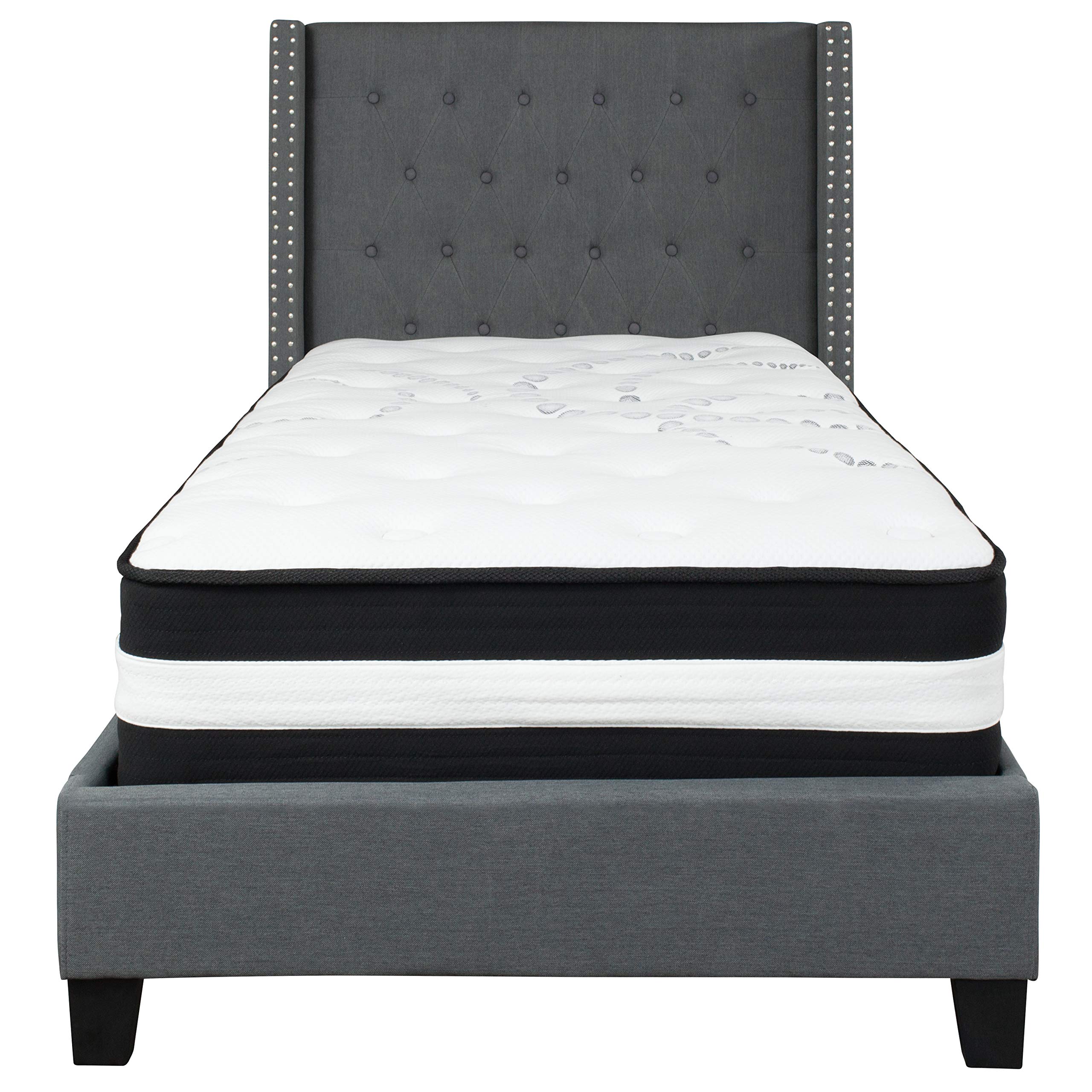 Dark Gray Fabric Twin Size Accent Extended Panel Platform Bed with Mattress - Perfect for Kids' Rooms, Guest Bedrooms & Small Spaces