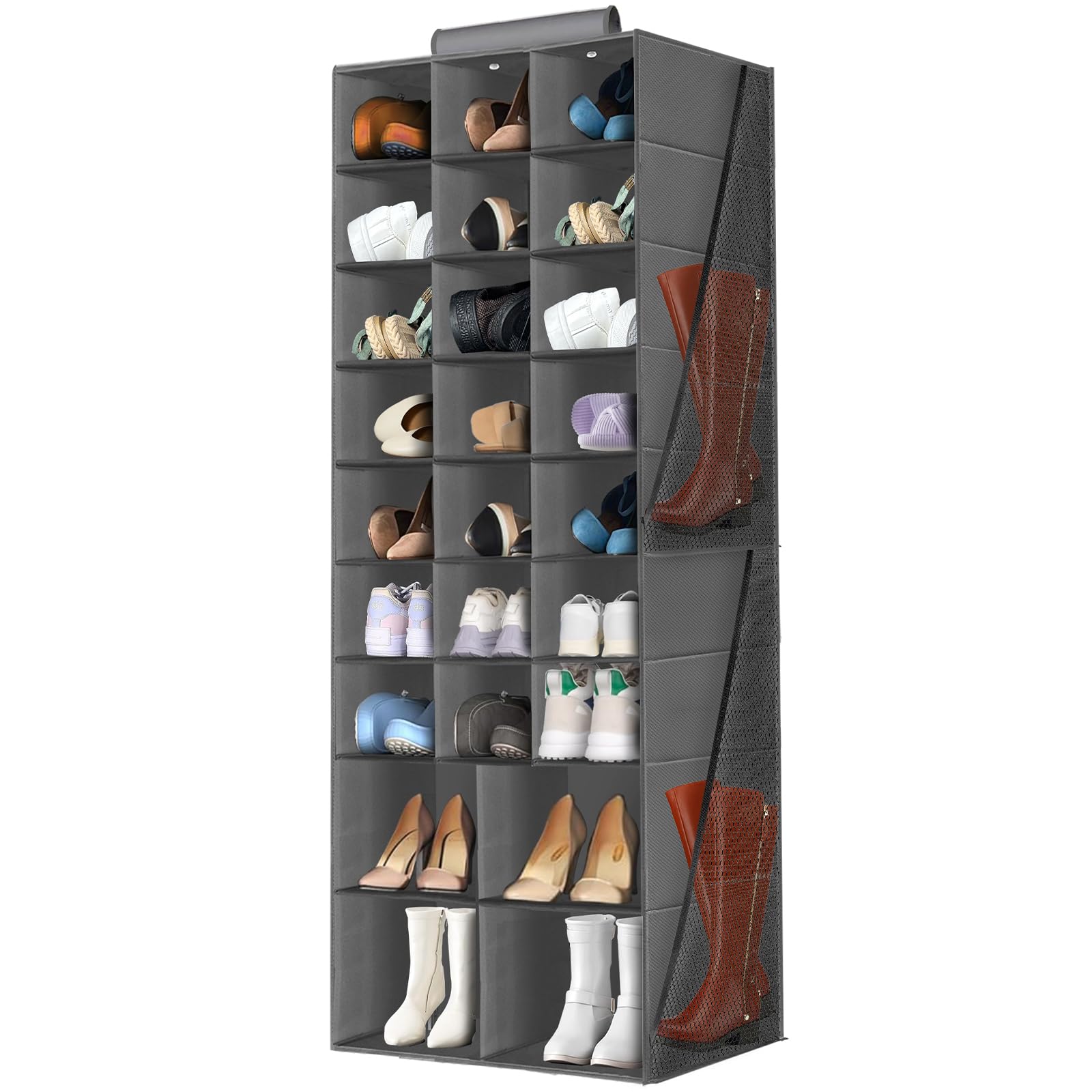 Space-Saving Hanging Shoe Organizer for Closet - 25-Pocket Collapsible Shoe Storage Rack with 4 Large Side Pockets | Perfect for Organizing Shoes, Hats, Clothes & Accessories | Ideal for Small Closets, Dorm Rooms & Apartment Storage (Gray)