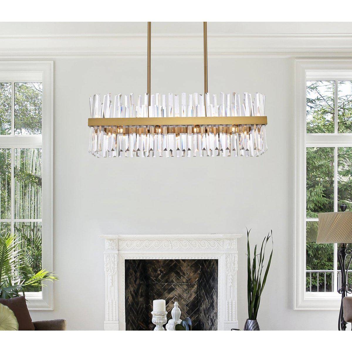 36 Inch Satin Gold Crystal Rectangle Chandelier Light - Modern Dining Room & Foyer Lighting Fixture for Elegant Home Decor