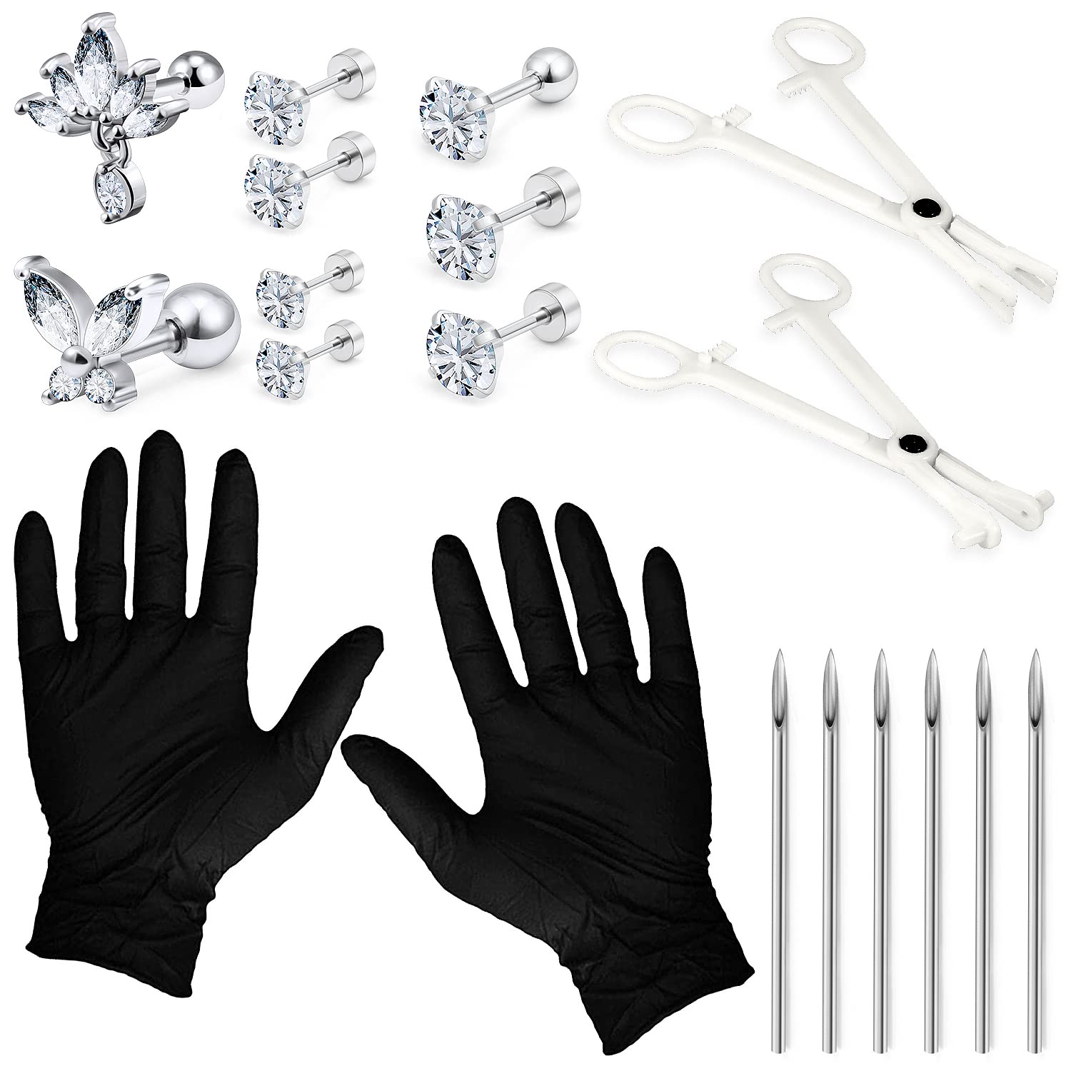 Vsnnsns 16G Surgical Steel Professional Ear Piercing Kit with Needles & Clamp - Safe for Cartilage, Tragus, Helix, Conch, Lobe Piercing - Hypoallergenic Silver Jewelry - Perfect for Home Use, DIY Piercing, and Professional Studios